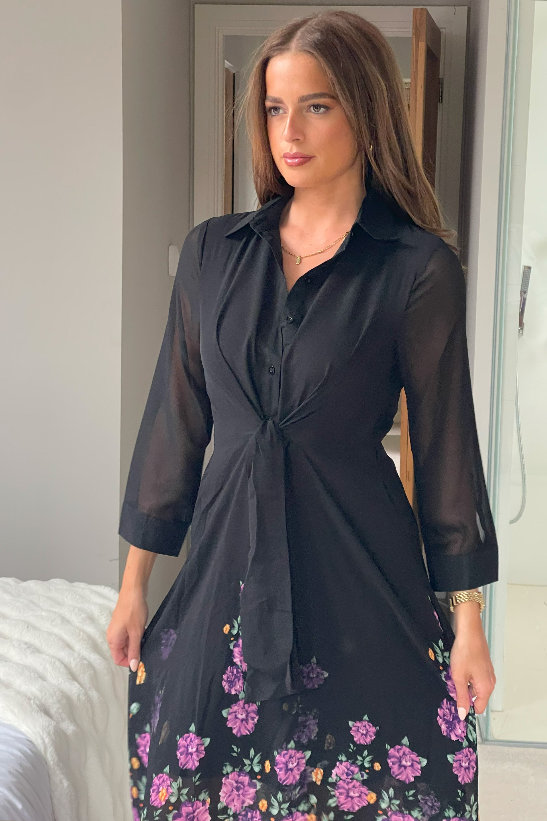 Isabella Purple Floral Boarder Tie Front Shirt Dress