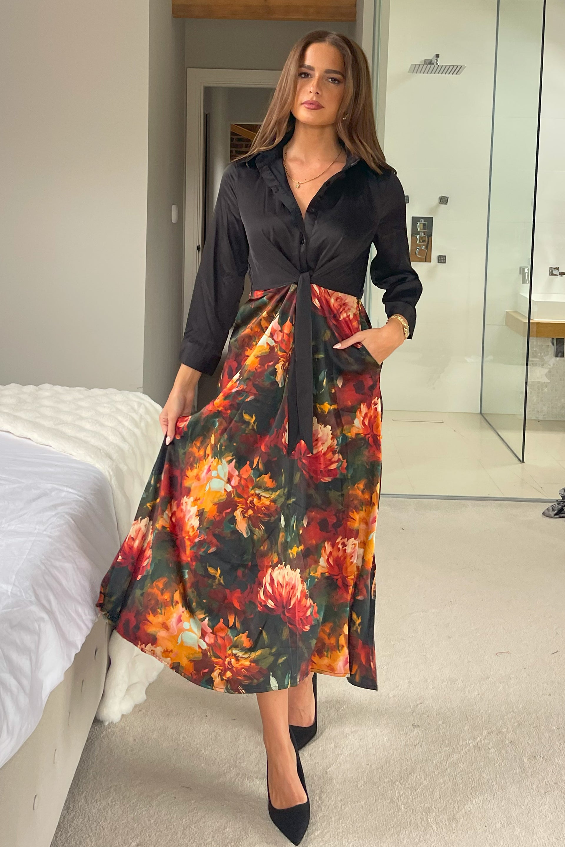 Isabella Black and Floral Tie Front Shirt Dress Girl In Mind Isabella Black and Floral Tie Front Shirt Dress Girl In Mind