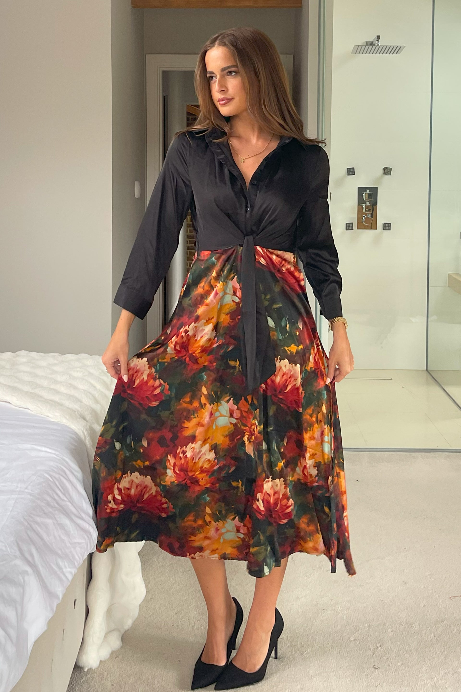 Isabella Black and Floral Tie Front Shirt Dress – Girl In Mind