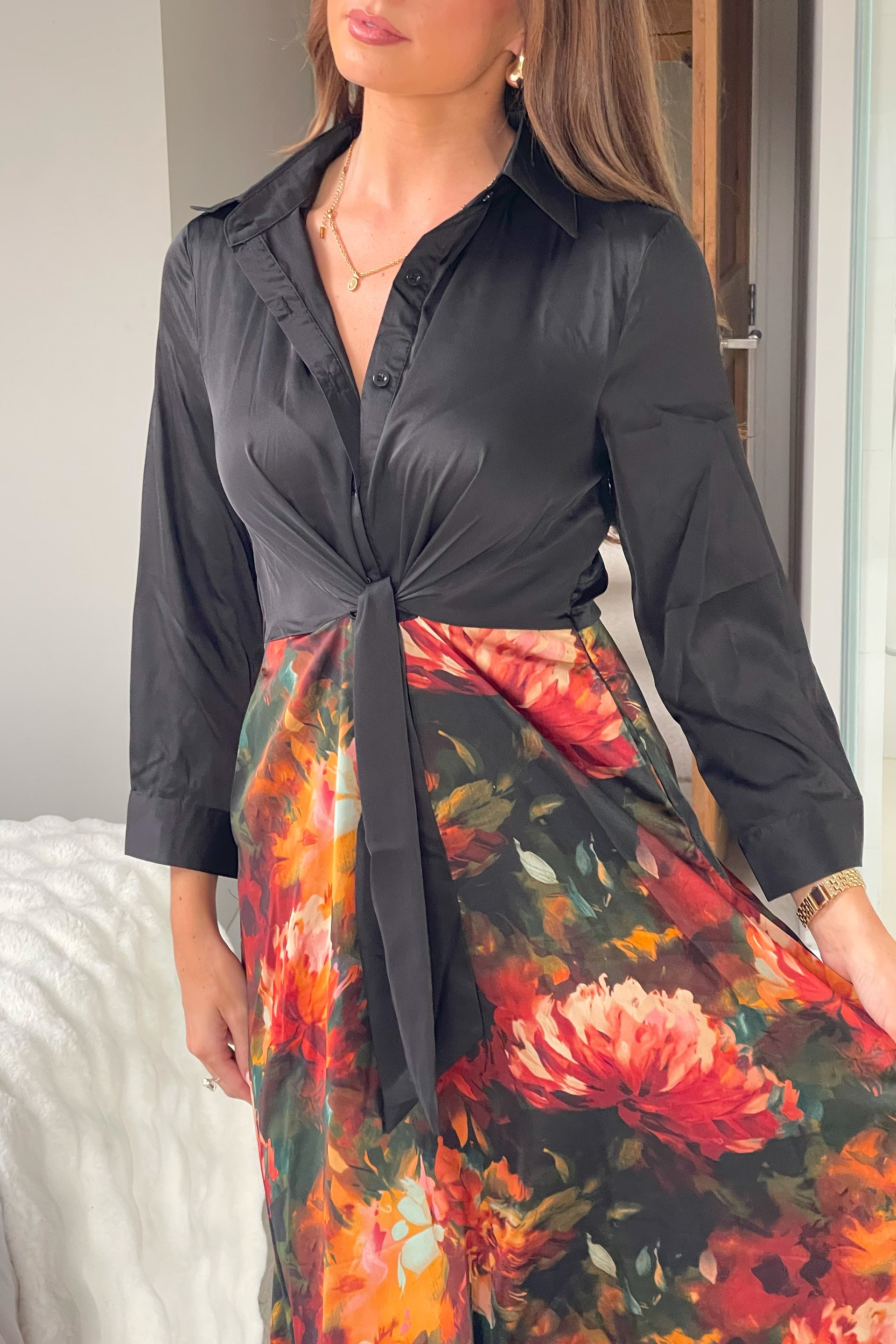 black shirt dress with flowers CATE SHIRT DRESS YELLOW FLOWERS Nancy Dee