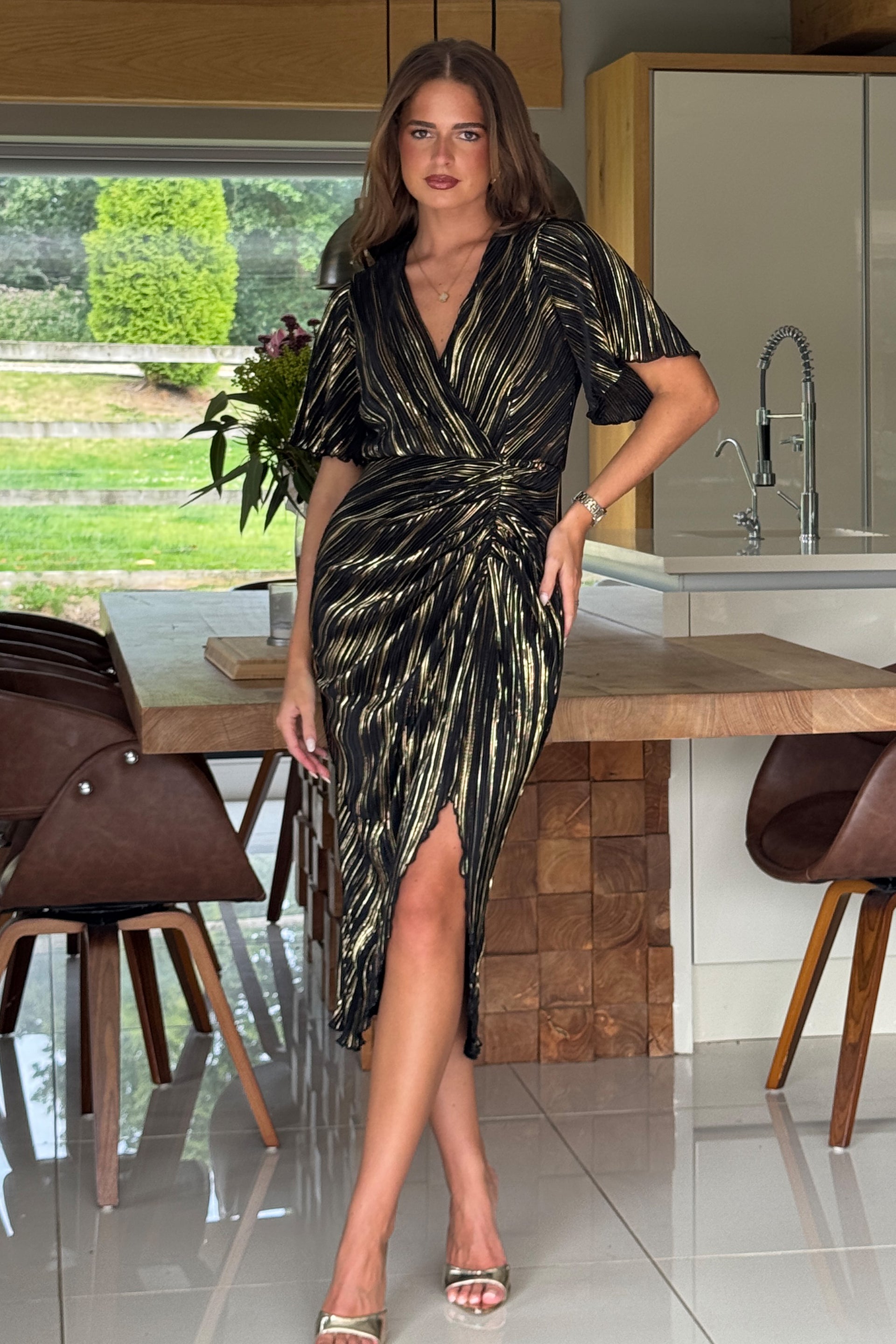 Isla Black and Gold Plisse Wrap Front Midi Dress Girl In Mind Isla Black and Gold Plisse Wrap Front Midi Dress Girl In Mind