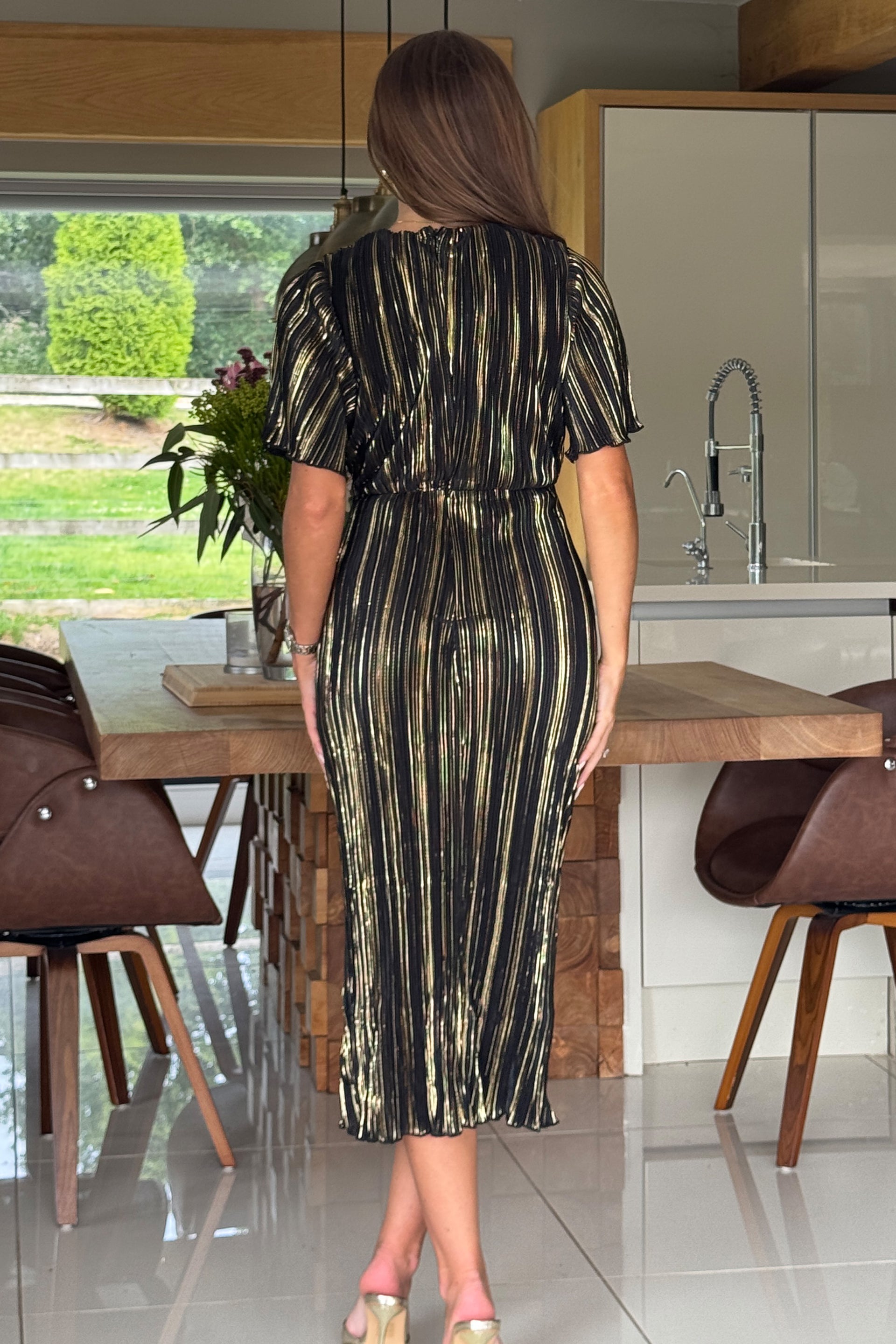 Isla Black and Gold Plisse Wrap Front Midi Dress