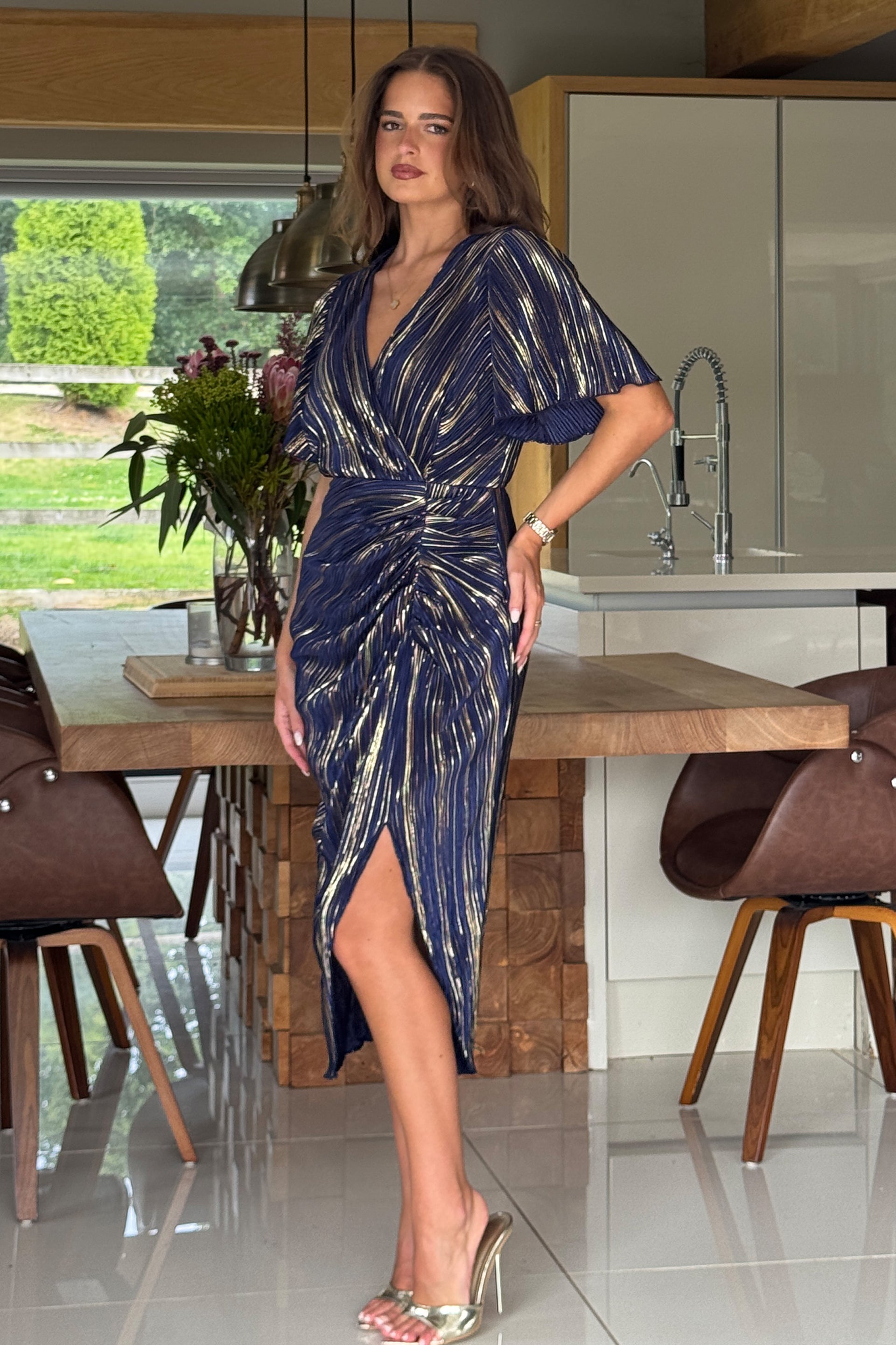 Isla Navy And Gold Plisse Wrap Front Dress