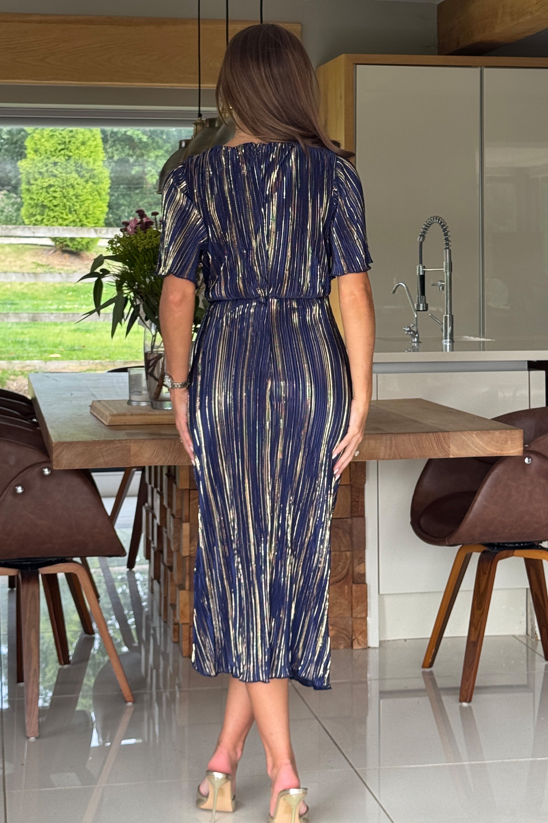 Isla Navy And Gold Plisse Wrap Front Dress