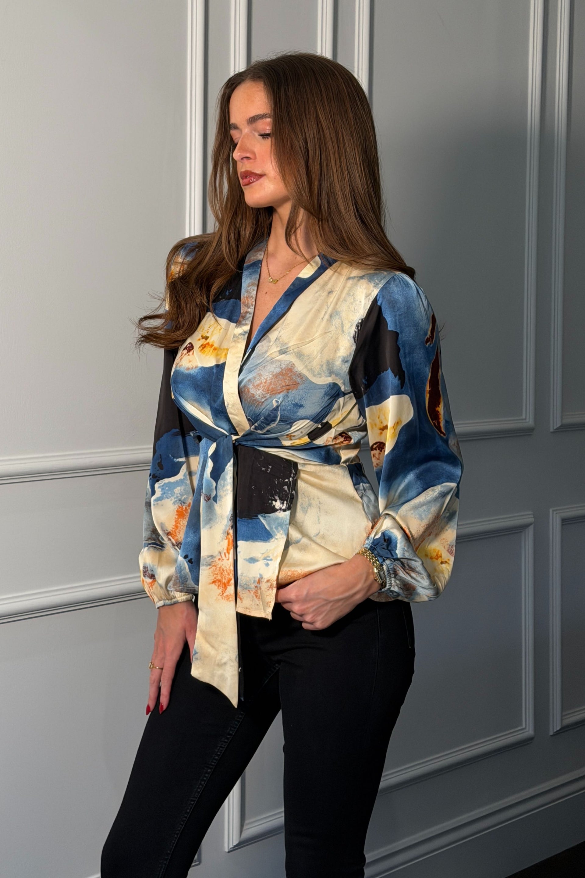 Brooke Blue Marble Print Tie Front Top