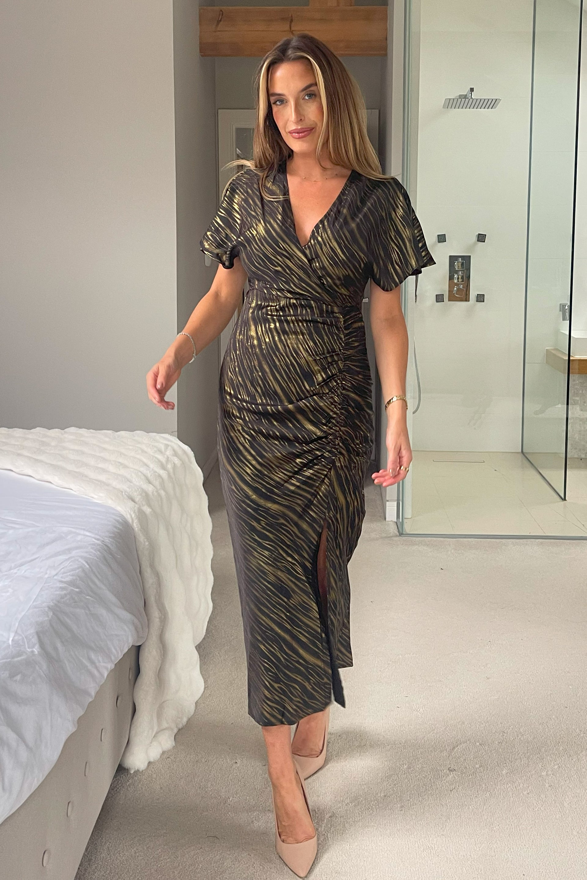 Priscilla Ruched Detail Midi Dress Black & Gold Girl In Mind Priscilla Ruched Detail Midi Dress Black & Gold Girl In Mind