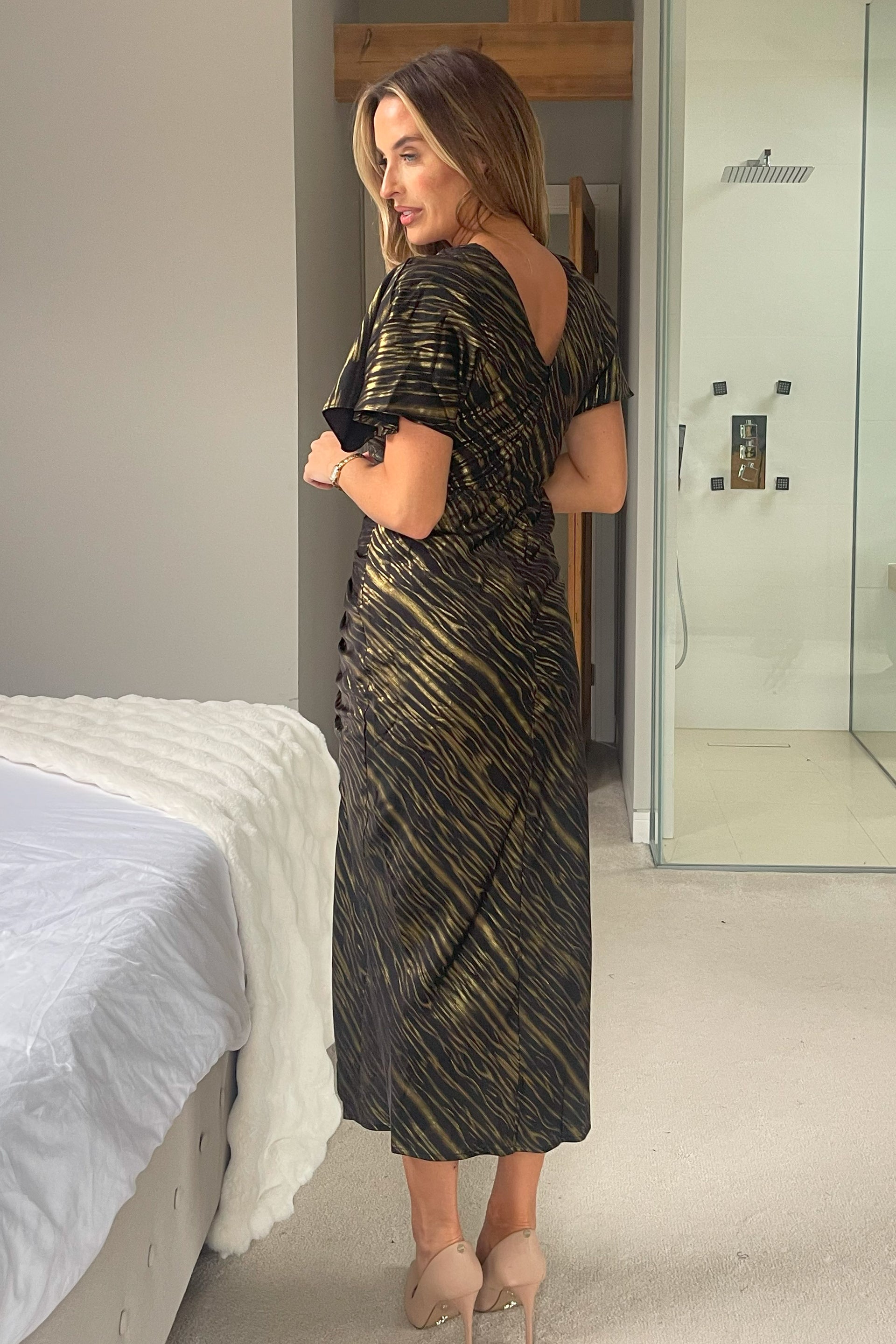 Priscilla Ruched Detail Midi Dress Black & Gold Girl In Mind Priscilla Ruched Detail Midi Dress Black & Gold Girl In Mind