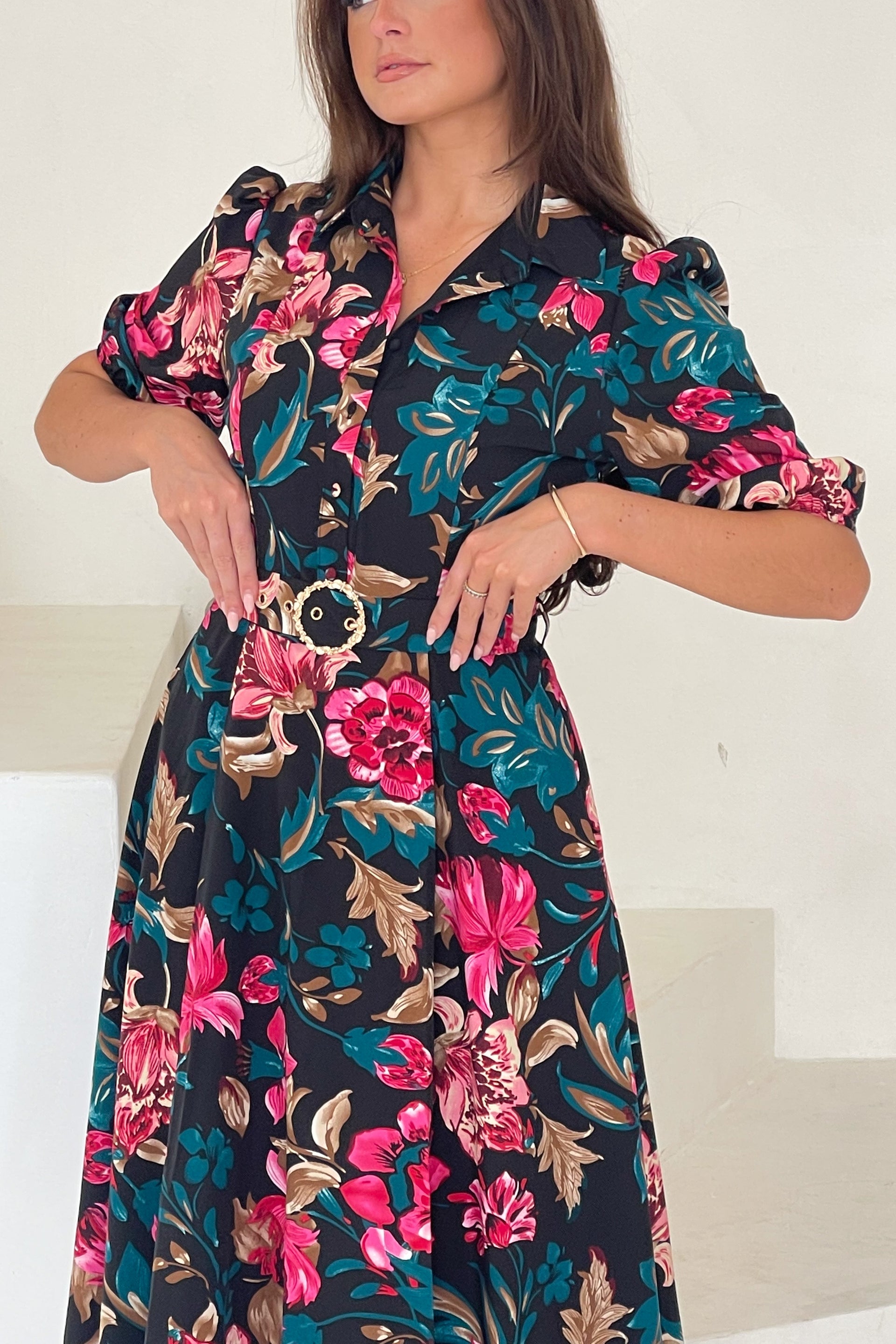 Holland Black & Pink Floral Collar Midi Dress