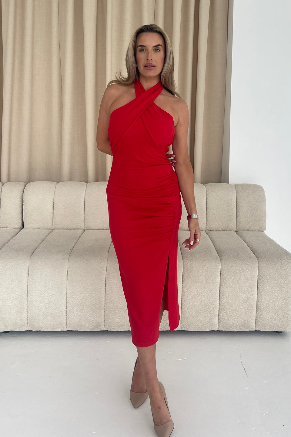 Bessie Halter Neck Side Split Midi Dress Bright Red