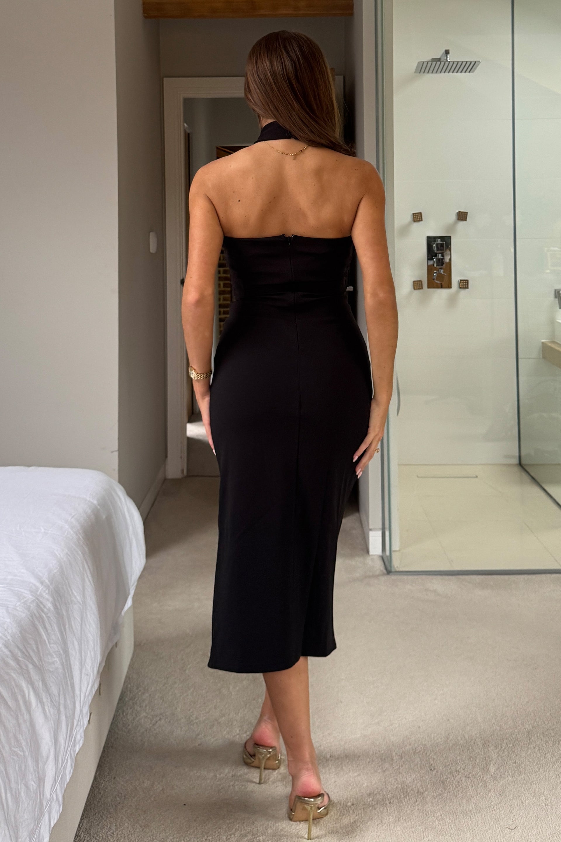 Bessie Halter Neck Black Side Split Midi Dress