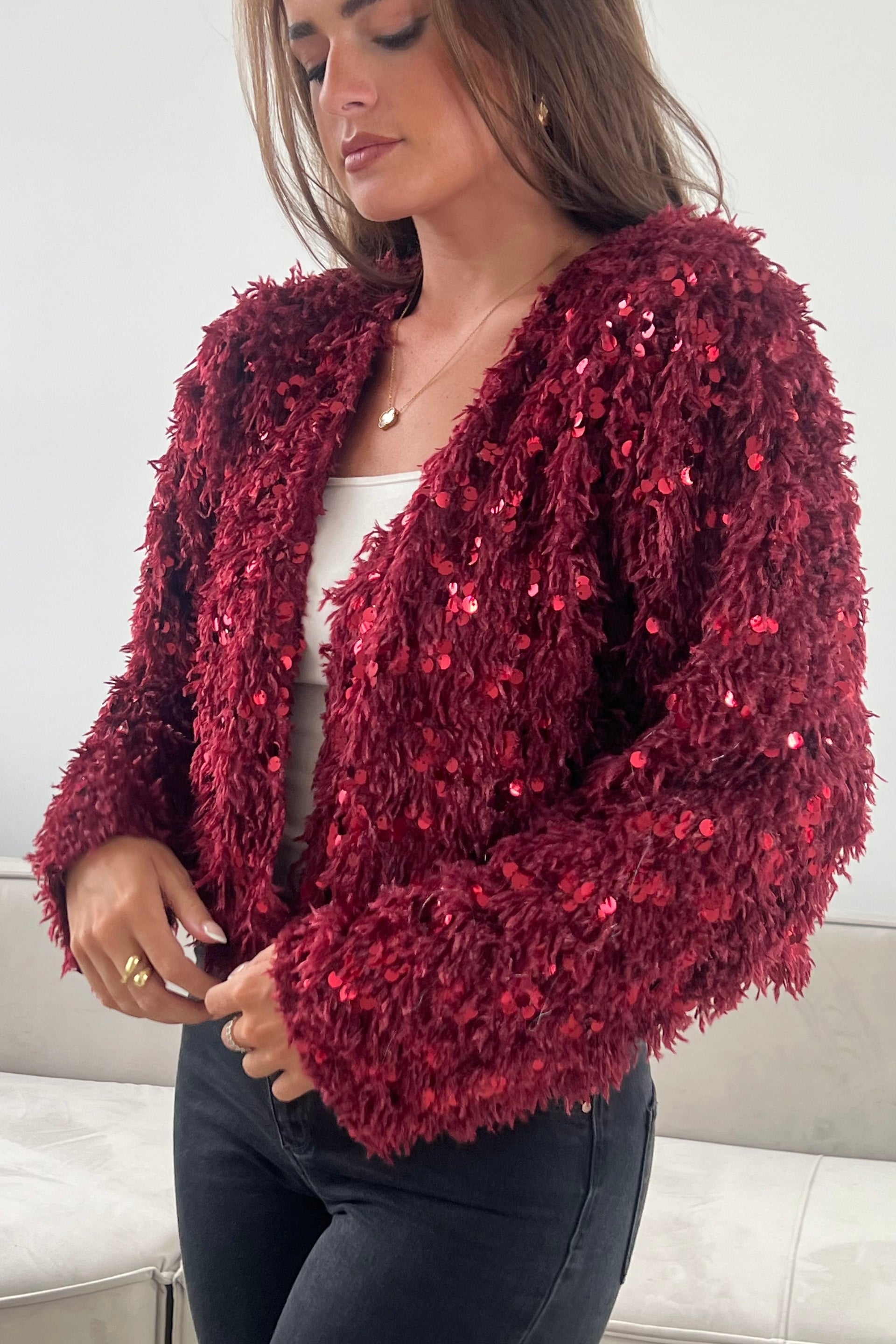 Lynn Sequin Cropped Cardigan Wine S WINE
