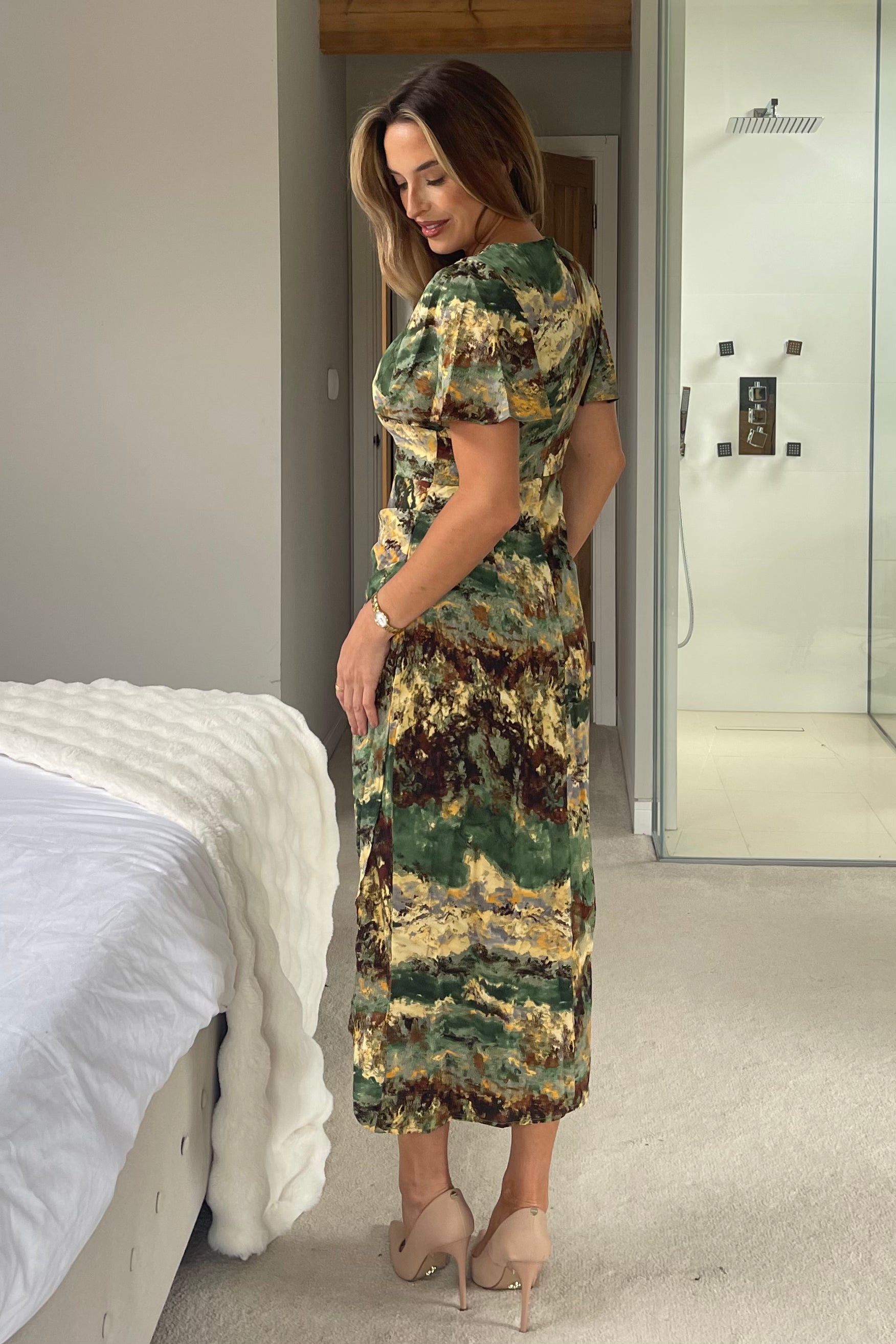 Lucia Wrap Green Marble Print Midi Dress