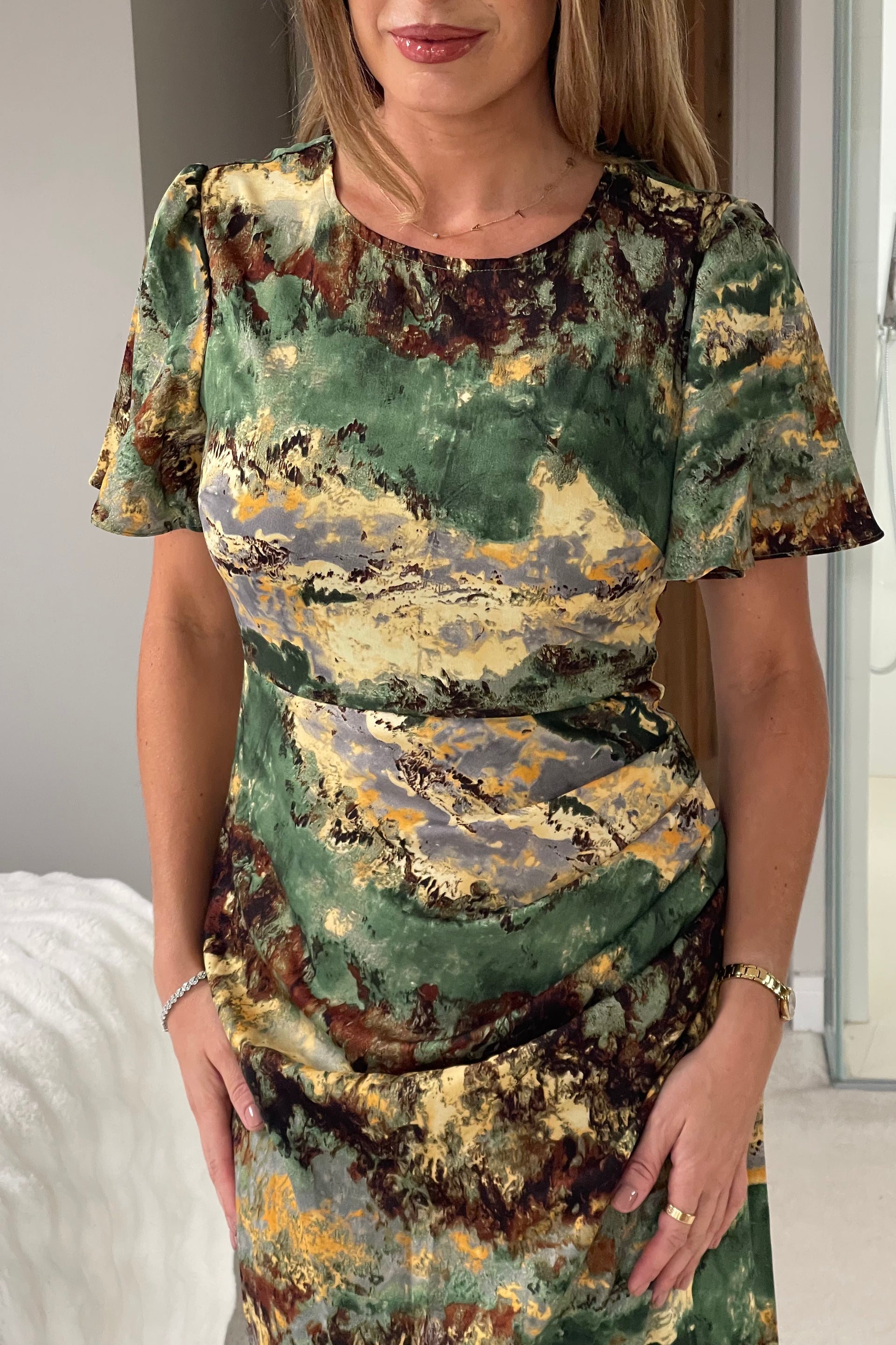 Lucia Wrap Green Marble Print Midi Dress