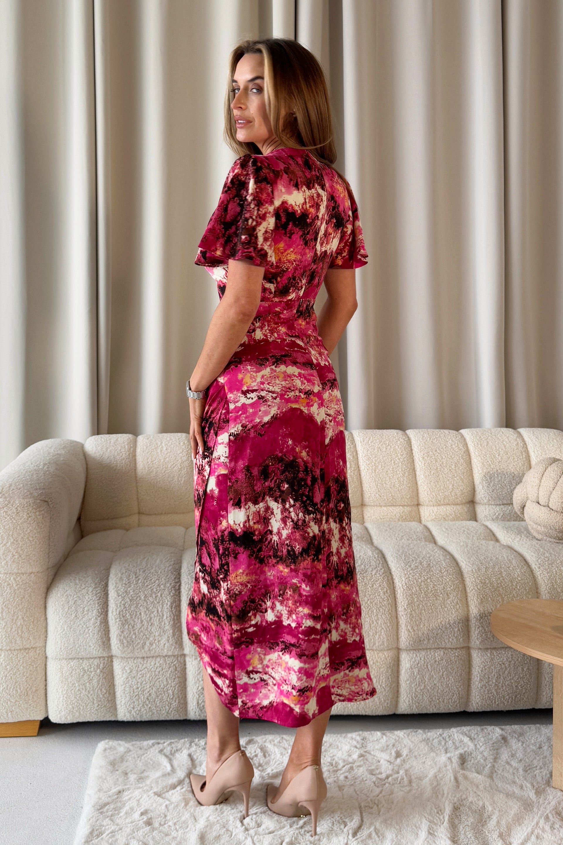 marble print midi dress Multi Marble Print Belted Wrap Collared Midi Dress