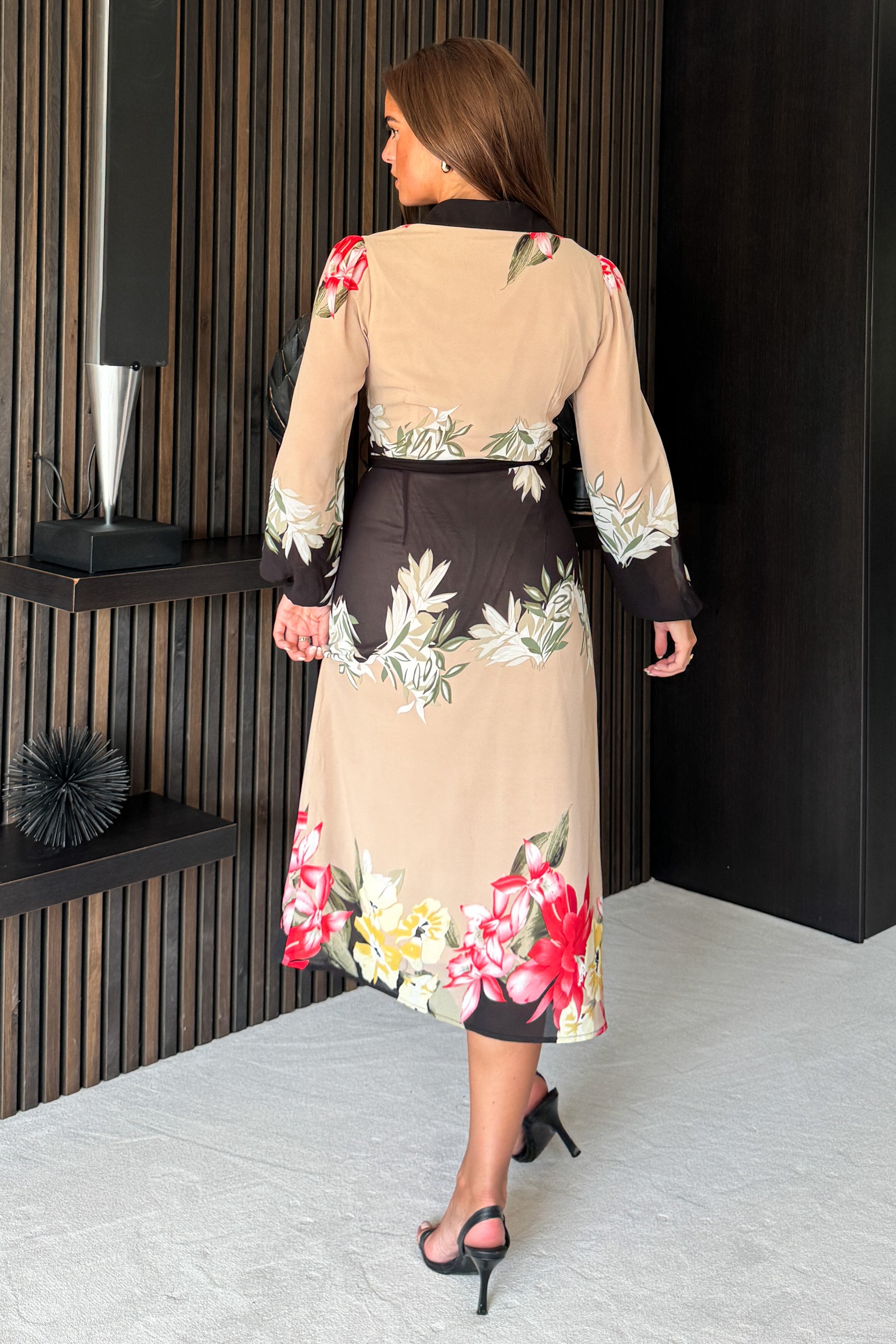 Kaya Contrast Placket Floral Midi Shirt Dress Beige