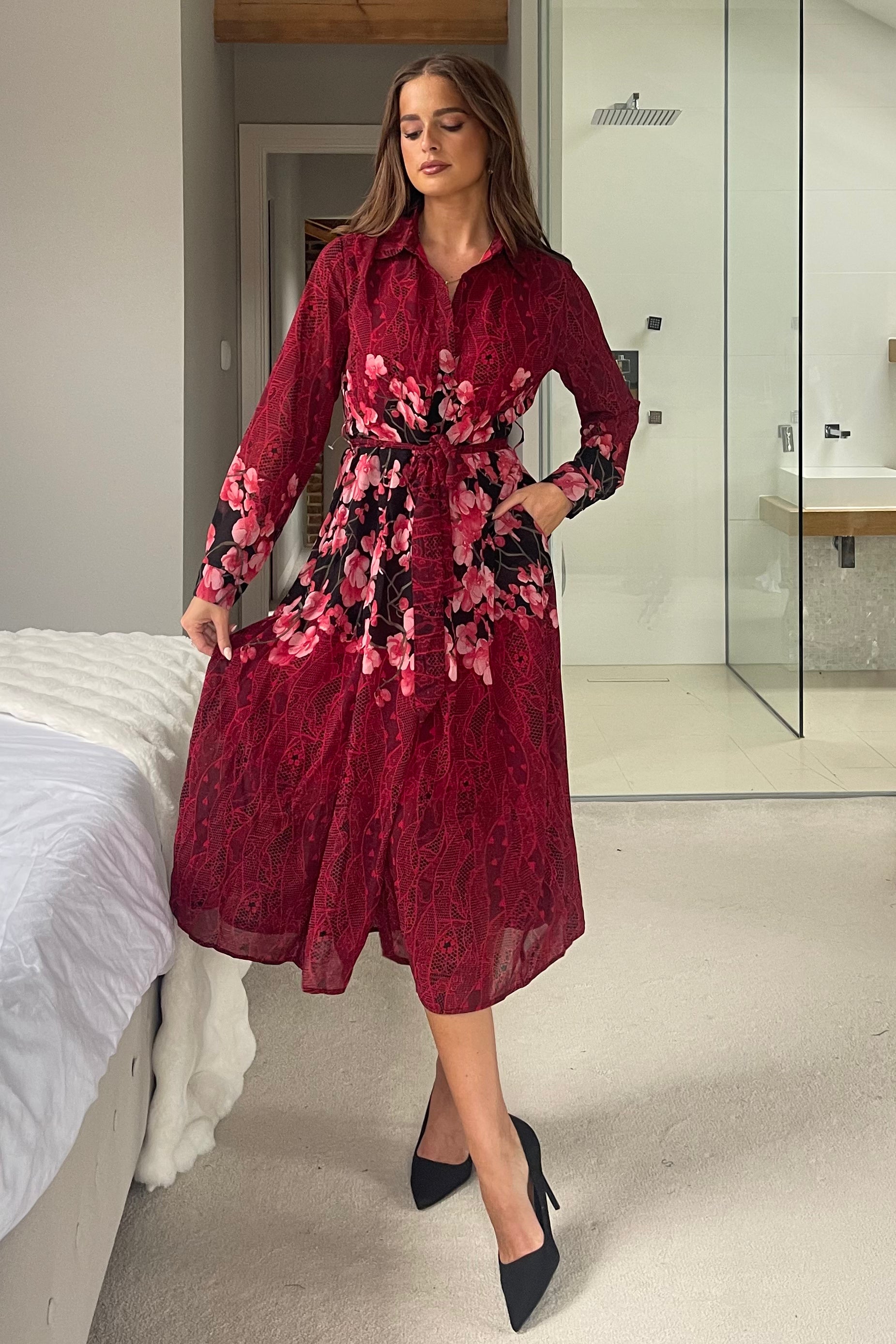 Everly Red Floral Shirt Midi Dress Girl In Mind Everly Red Floral Shirt Midi Dress Girl In Mind