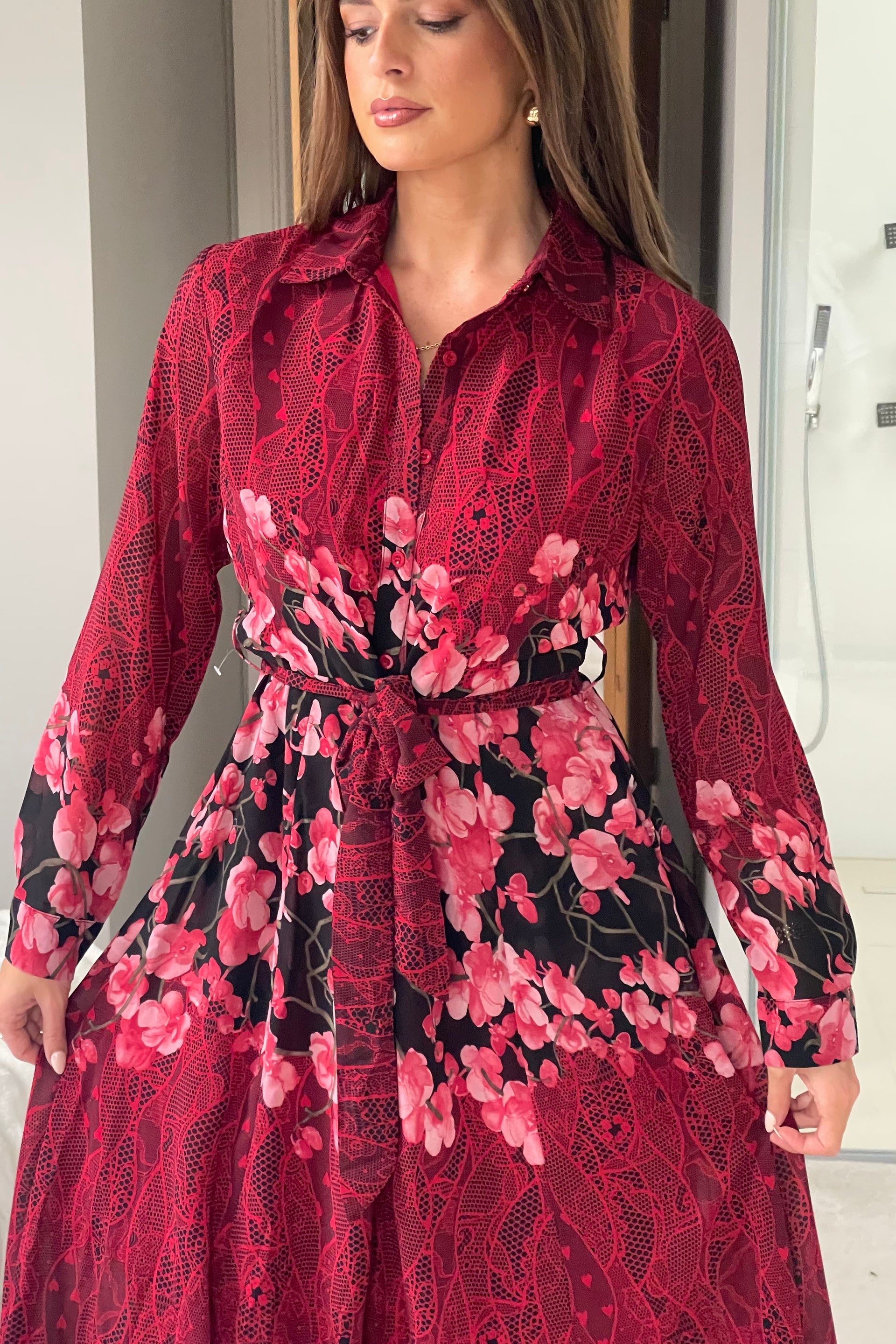 strapless open back dress Everly Red Floral Shirt Midi Dress – Girl In Mind