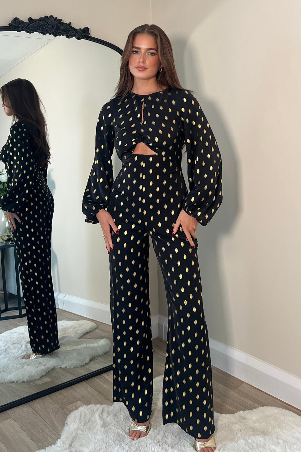 Black Gold Foil Spot Cut Out Jumpsuit