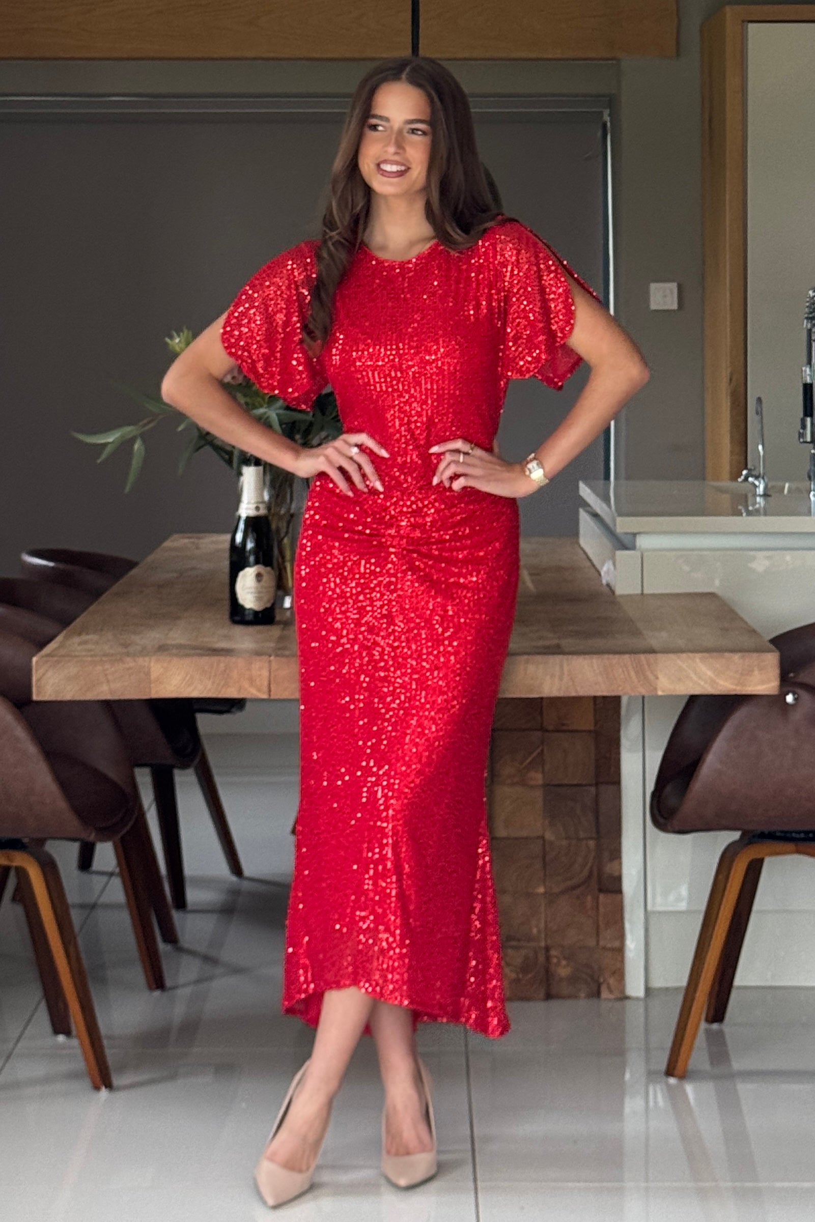 Cleo Red Sequin Ruched Detail Midi Dress Girl In Mind Cleo Red Sequin Ruched Detail Midi Dress Girl In Mind