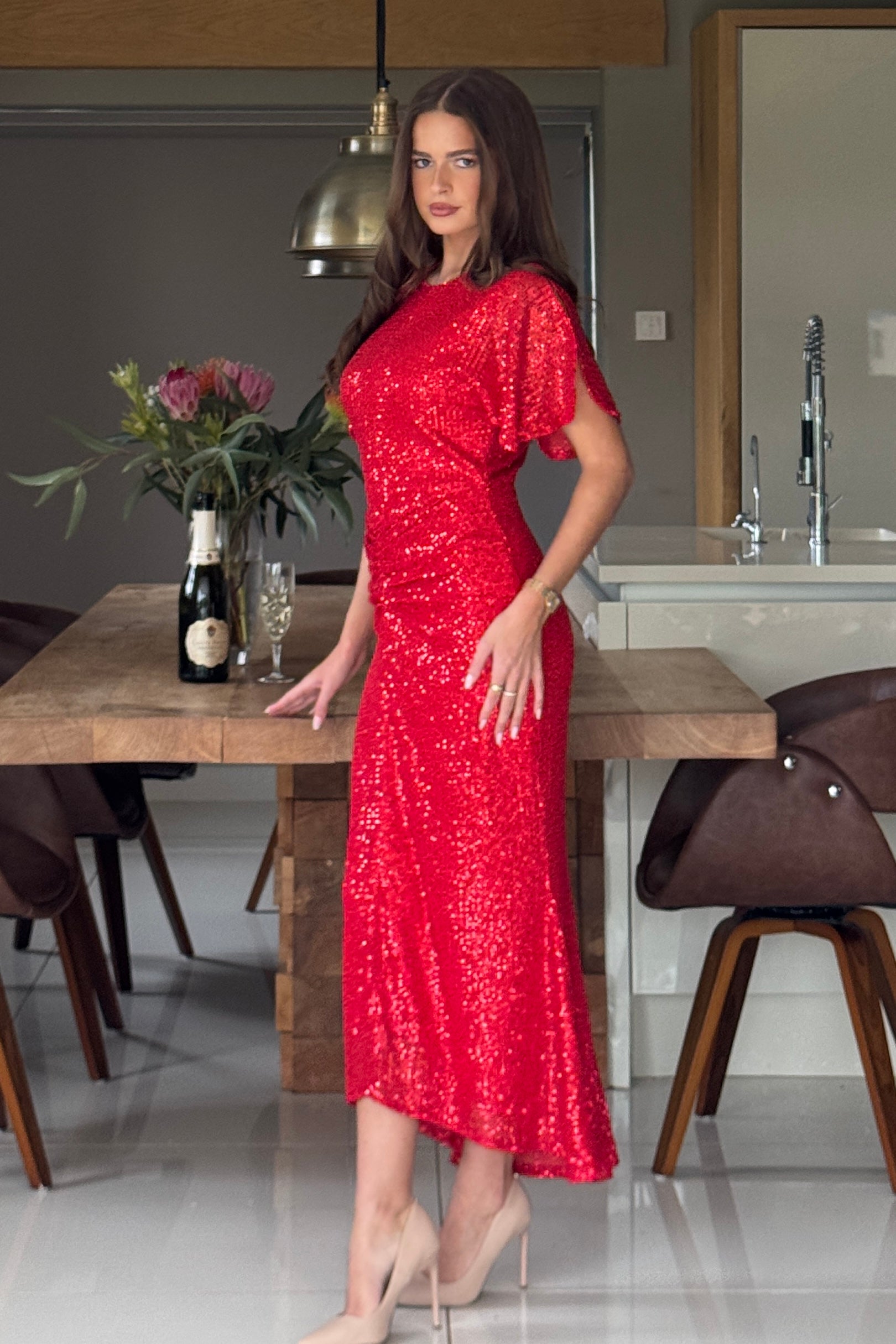 red sparkly dress midi Red Glitter Midi Dress With Slit