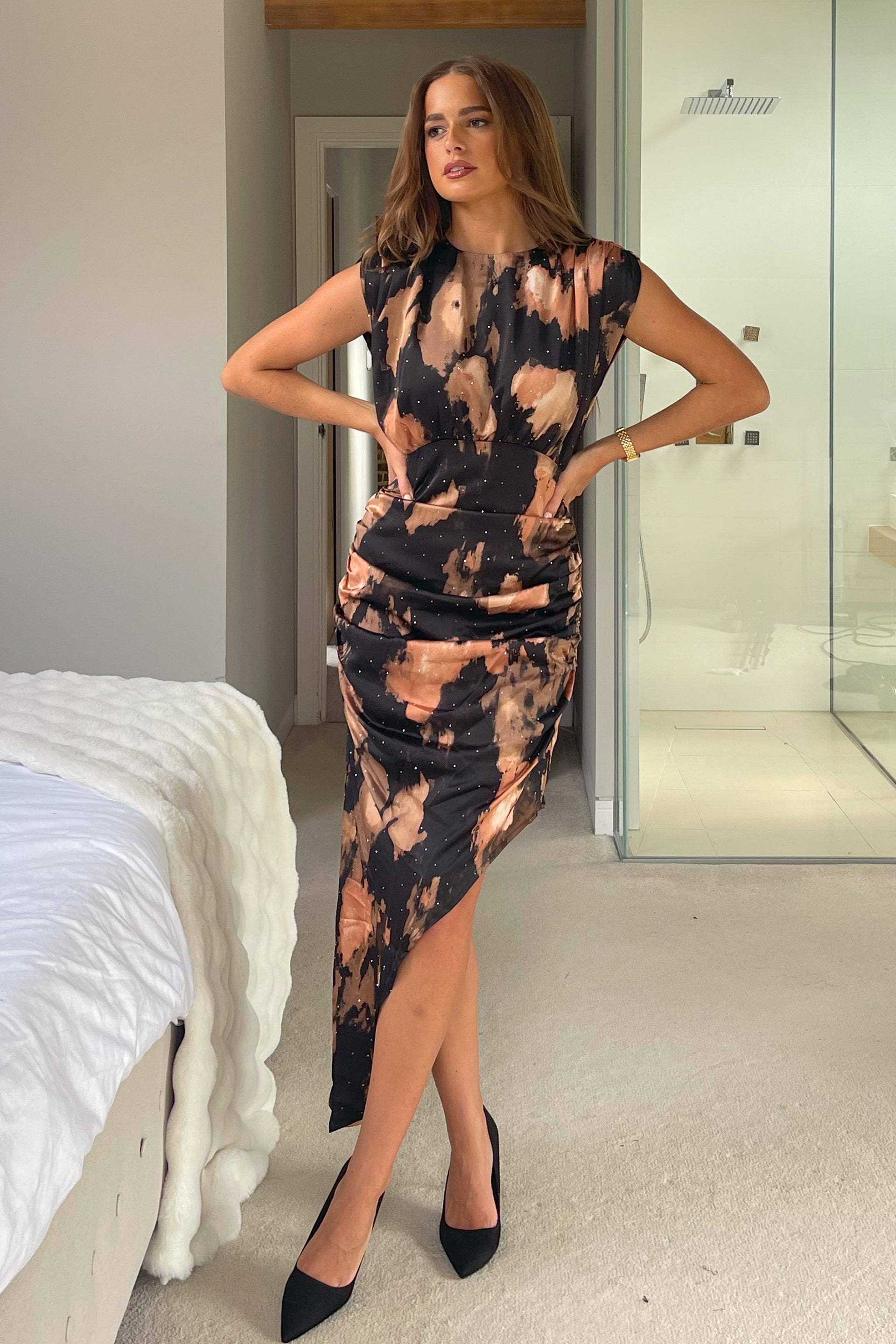 Lumen Padded Shoulder Diamonte Midi Dress Brown