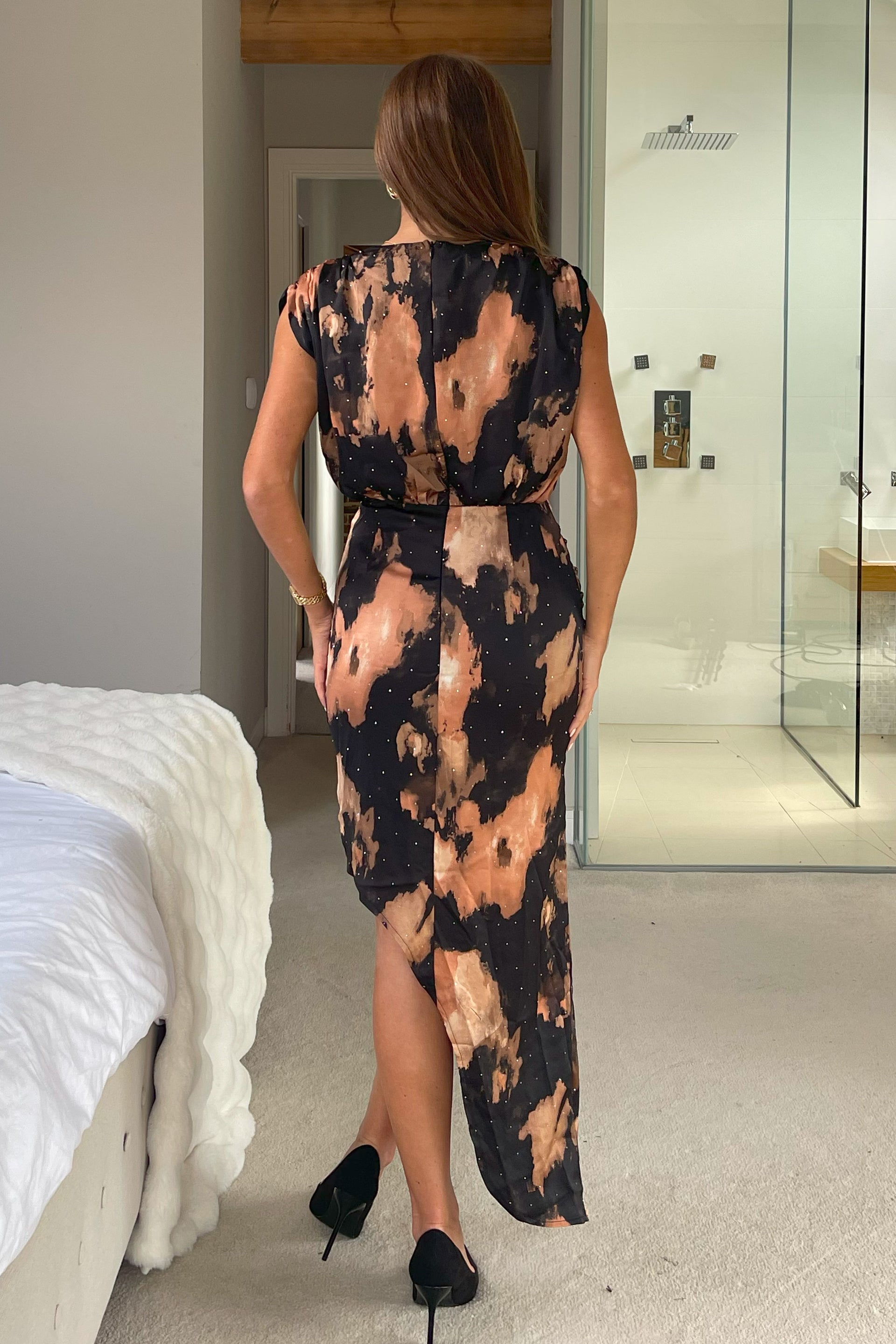 Lumen Padded Shoulder Diamonte Midi Dress Brown