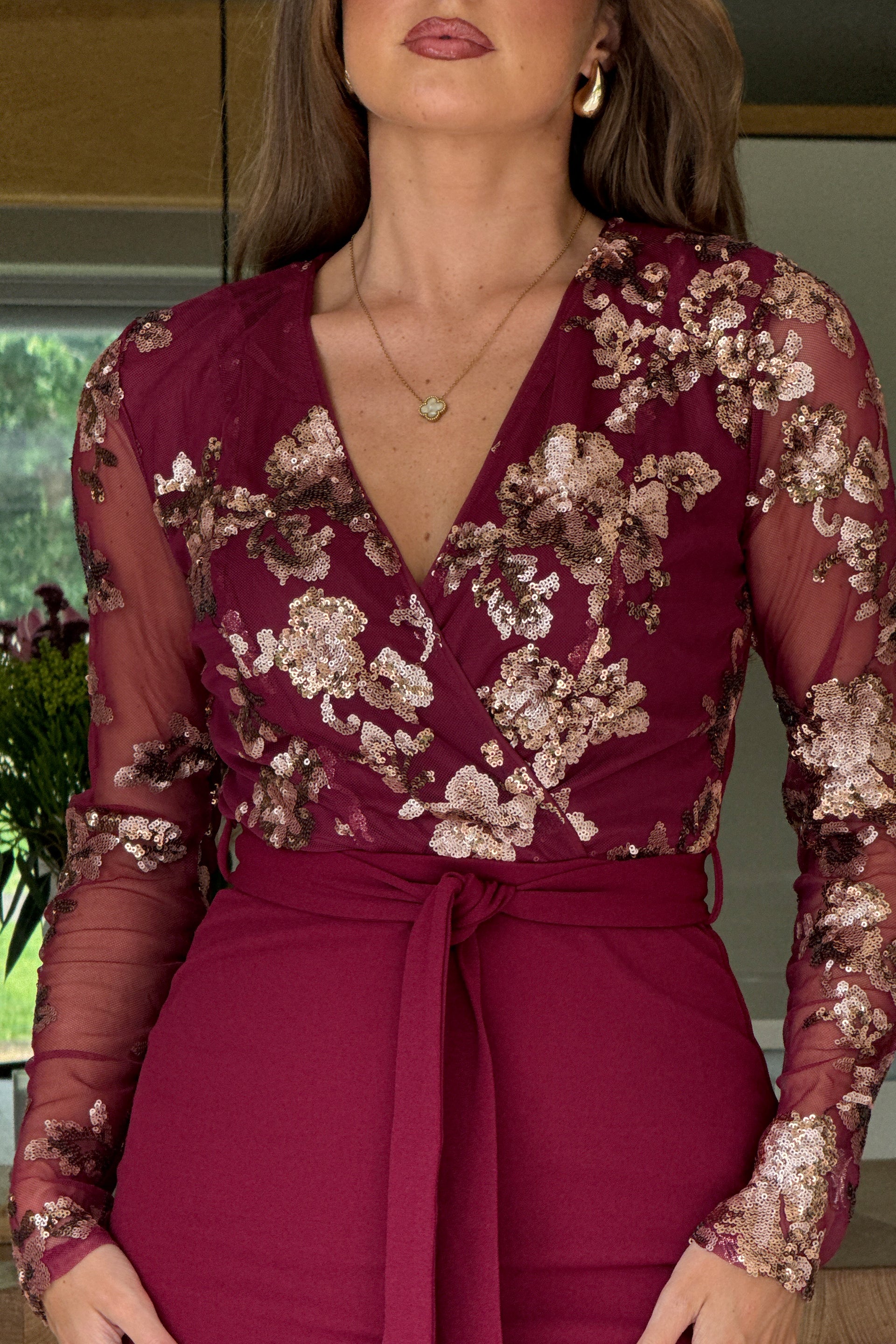 Luna Long Sleeve Sequin Top Bodycon Dress In Wine