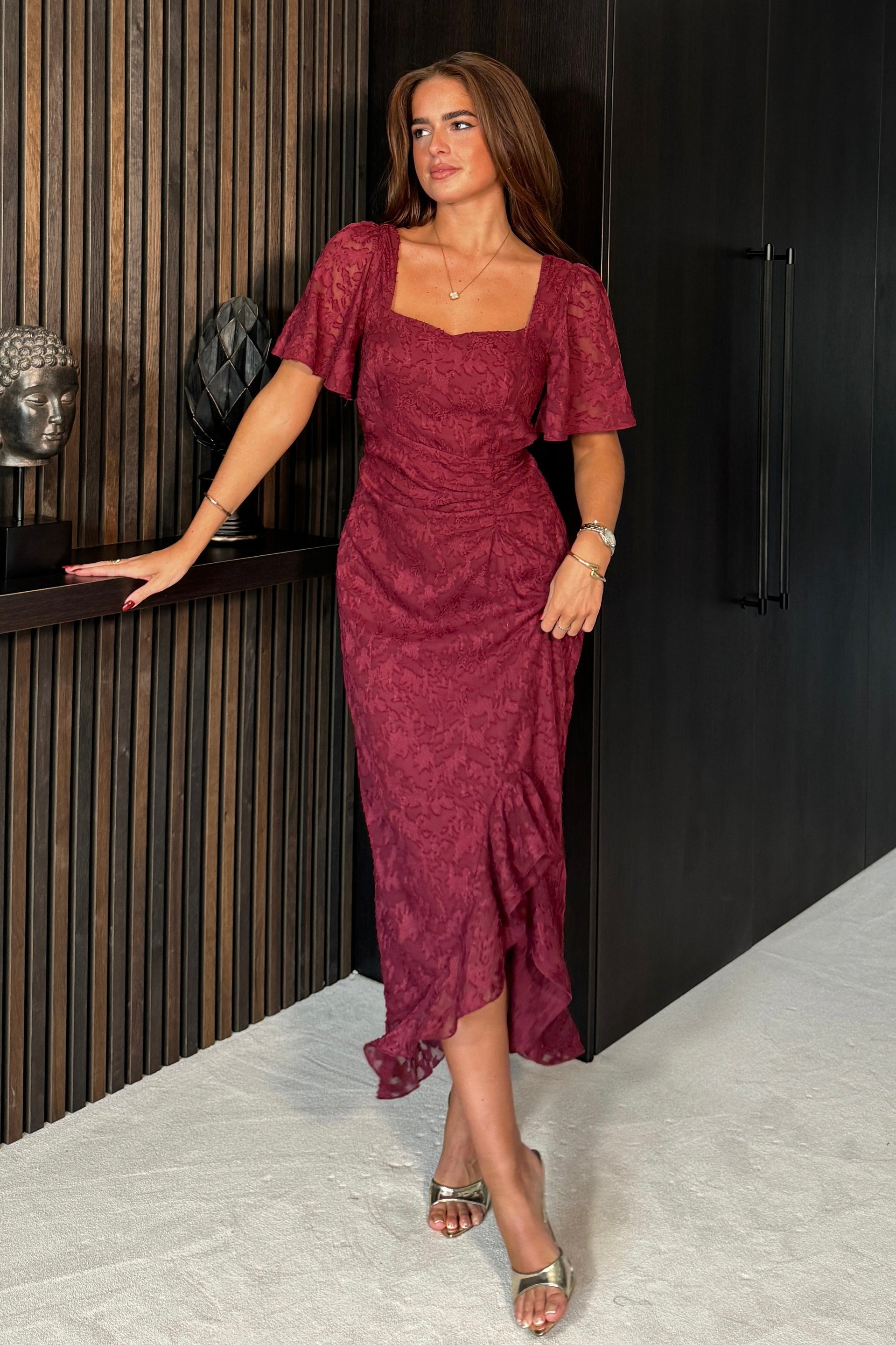 wine ruched midi dress Women's Plus Wine Ruched Chiffon Drape Midi Dress