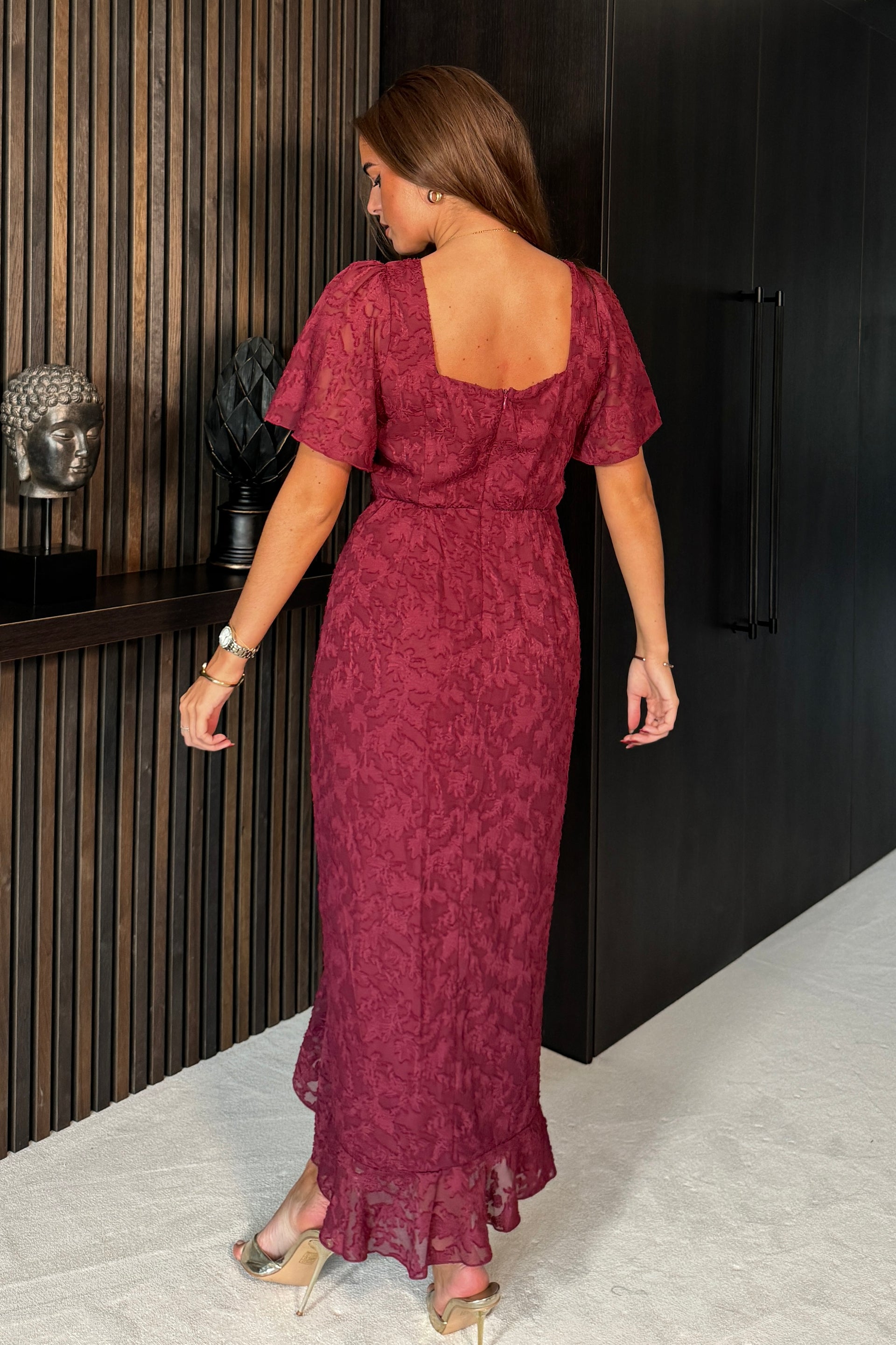 wine ruched midi dress Rihoas Burgundy Lapel Collar Midi Dress Button Front Long Sleeve for Winter Work, Christmas Church, Wine Red / S