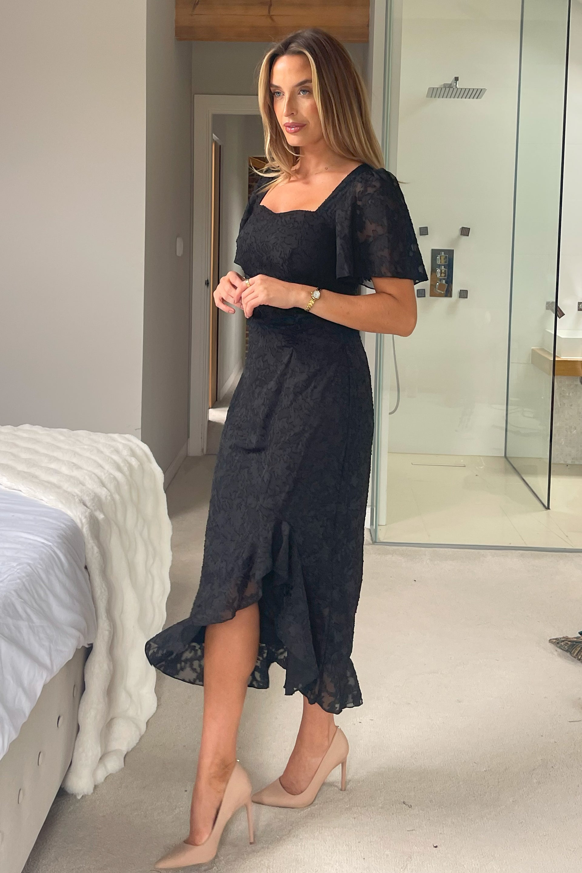 Heidi Floral Burnout Ruched Midi Dress Black