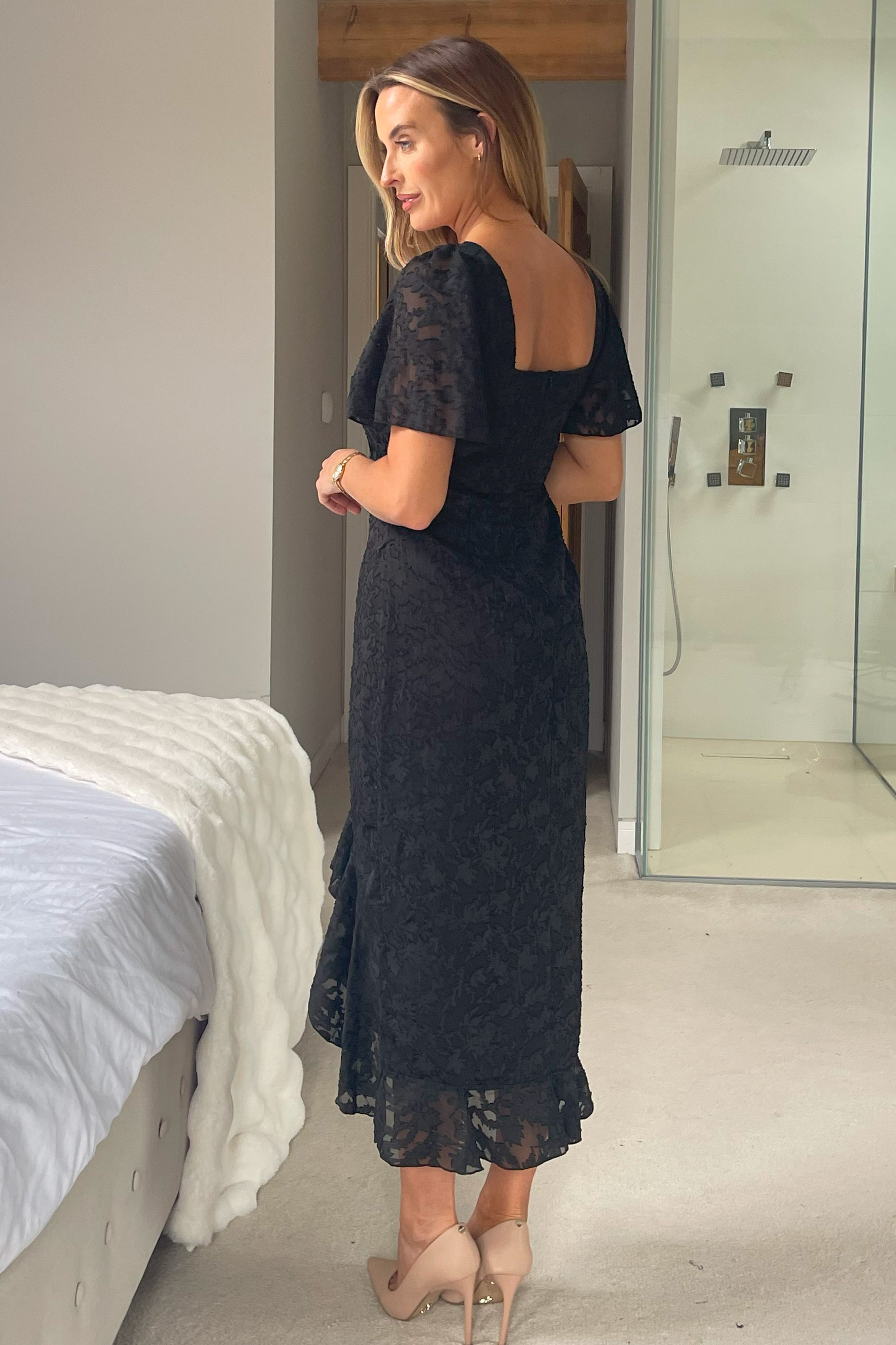 Heidi Floral Burnout Ruched Midi Dress Black