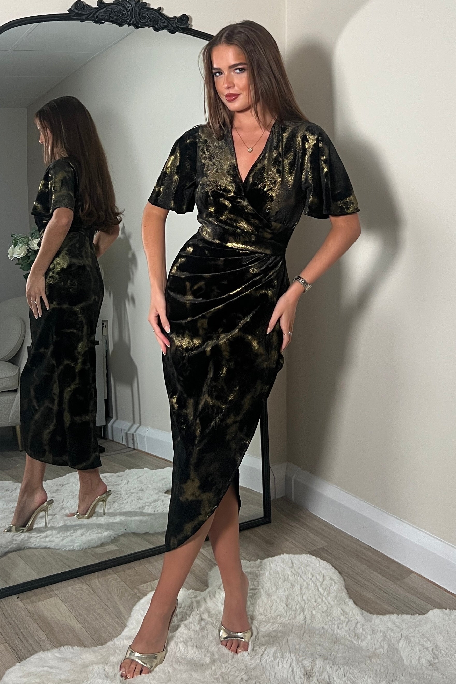 Natasha Angel Sleeve Wrap Midi Dress In Black And Gold Velvet Girl In Mind Natasha Angel Sleeve Wrap Midi Dress In Black And Gold Velvet Girl In Mind