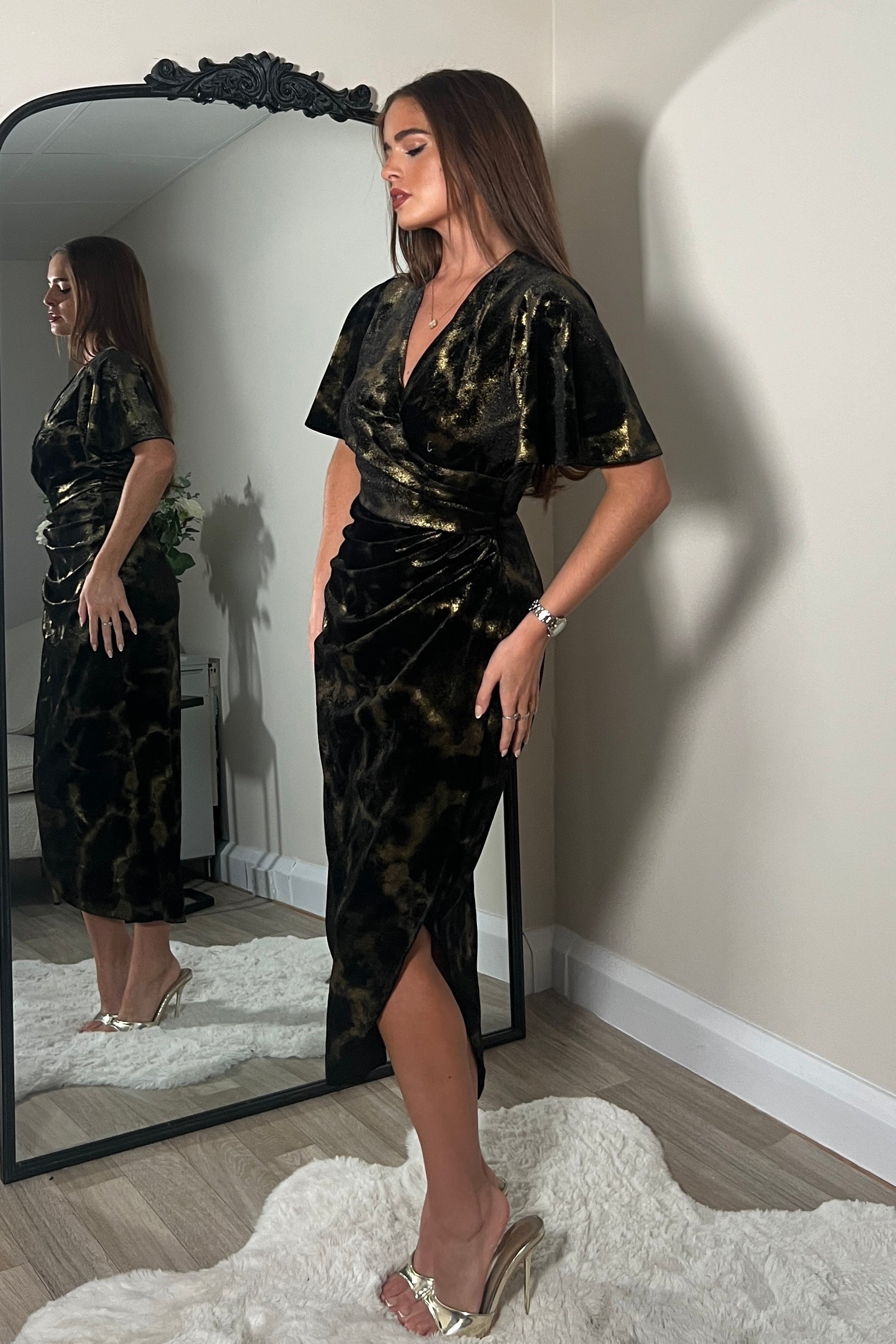 Natasha Angel Sleeve Wrap Midi Dress In Black And Gold Velvet Girl In Mind Natasha Angel Sleeve Wrap Midi Dress In Black And Gold Velvet Girl In Mind