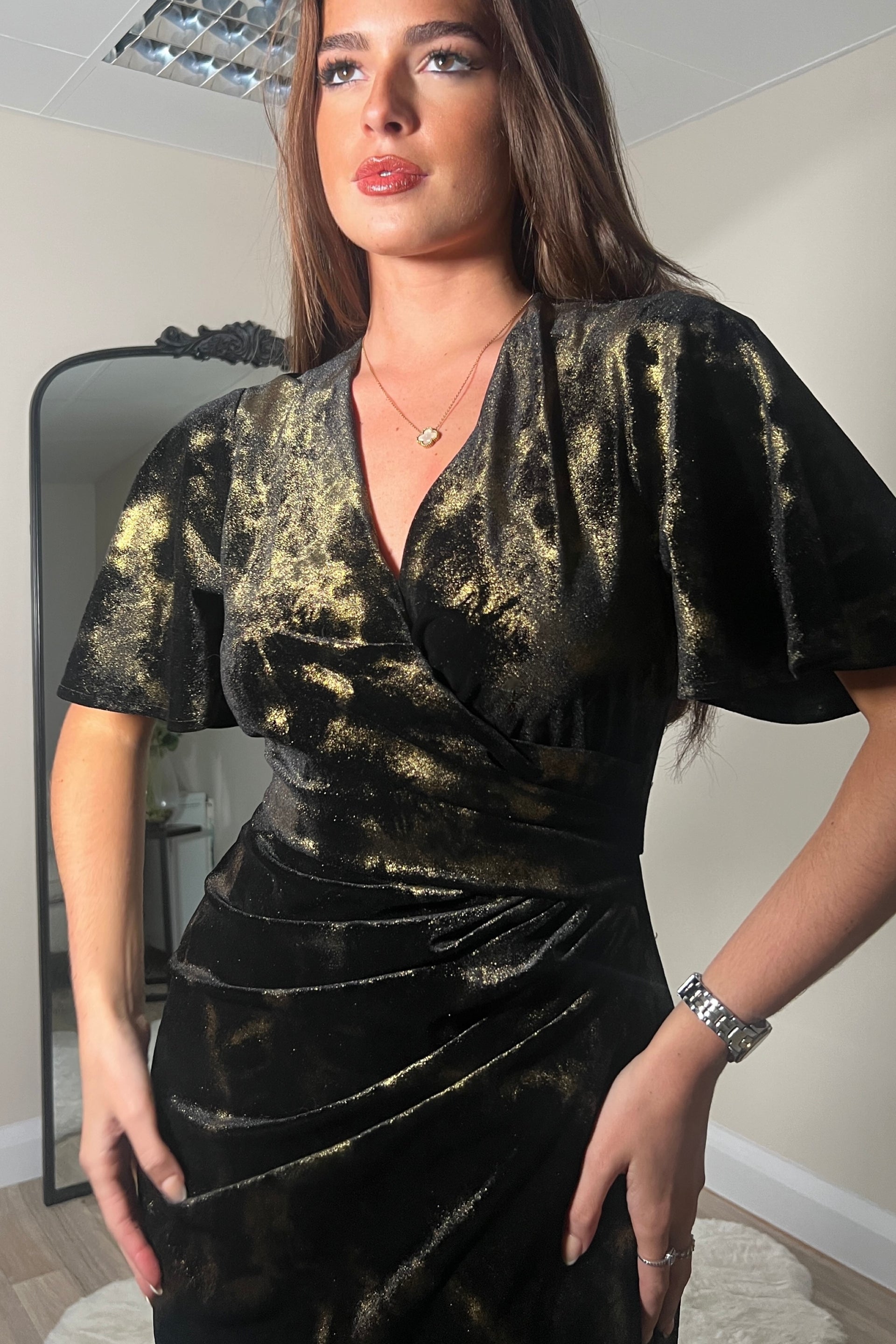 Natasha Angel Sleeve Wrap Midi Dress In Black And Gold Velvet Girl In Mind Natasha Angel Sleeve Wrap Midi Dress In Black And Gold Velvet Girl In Mind
