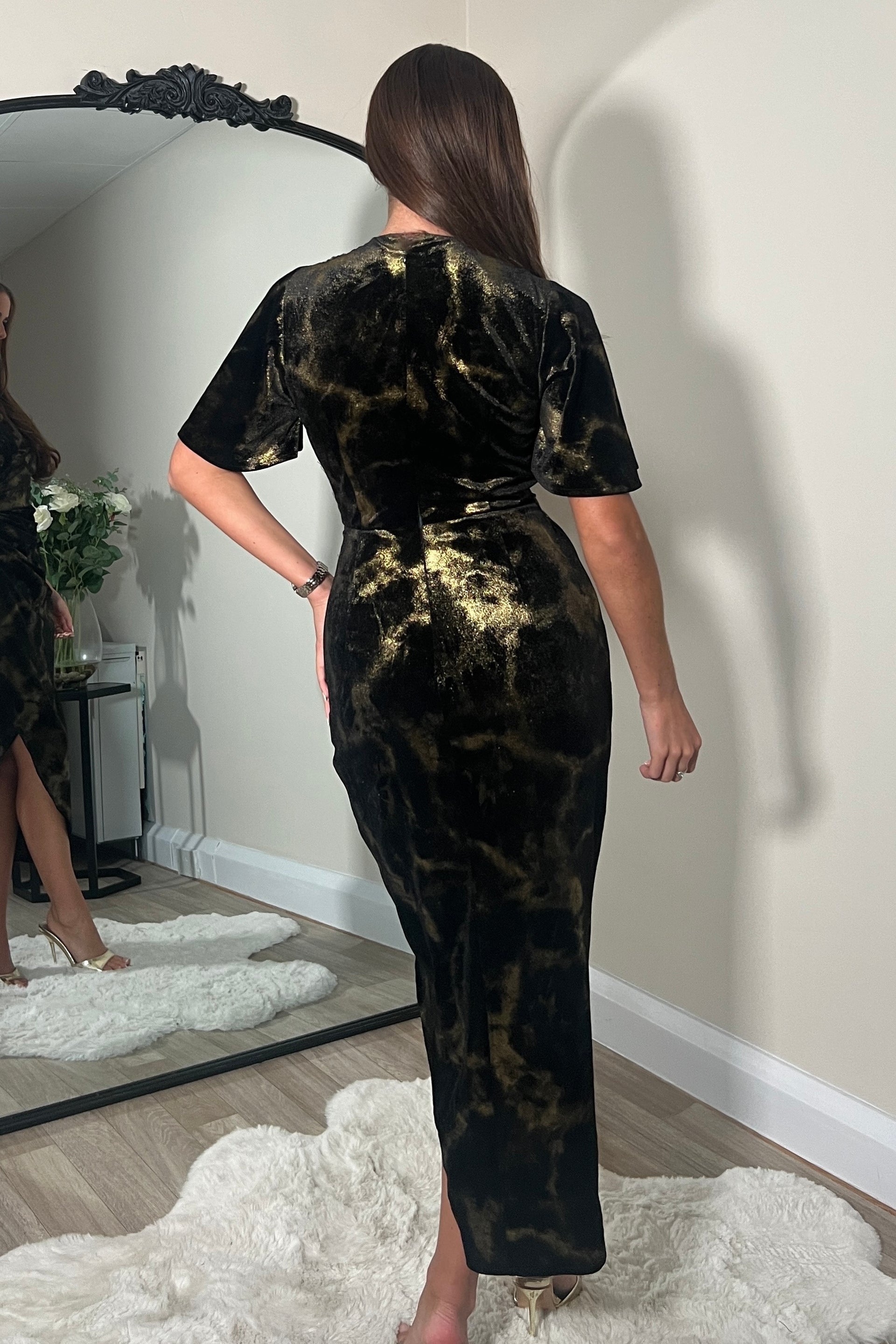 Natasha Angel Sleeve Wrap Midi Dress In Black And Gold Velvet Girl In Mind Natasha Angel Sleeve Wrap Midi Dress In Black And Gold Velvet Girl In Mind