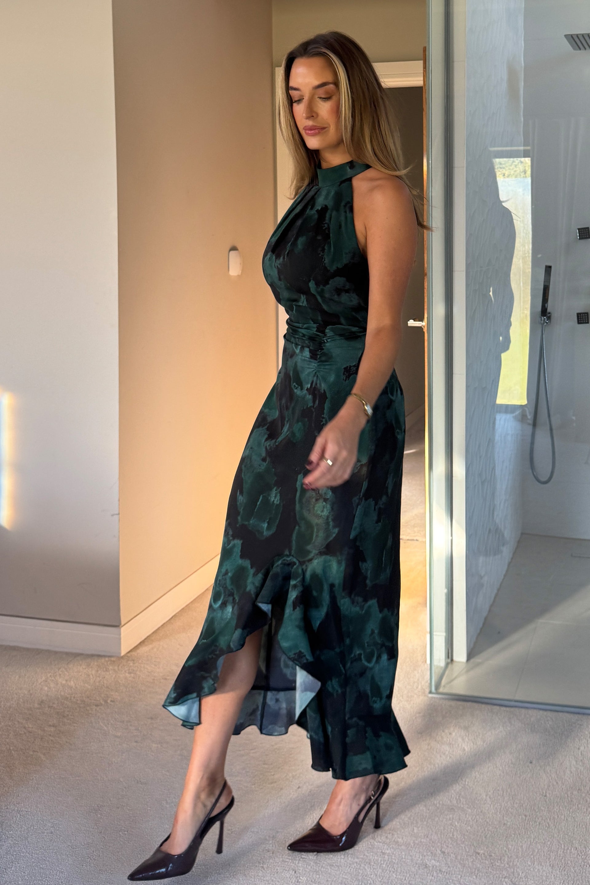 Amani Ruched Halter Neck Midi Dress Green Print – Girl In Mind