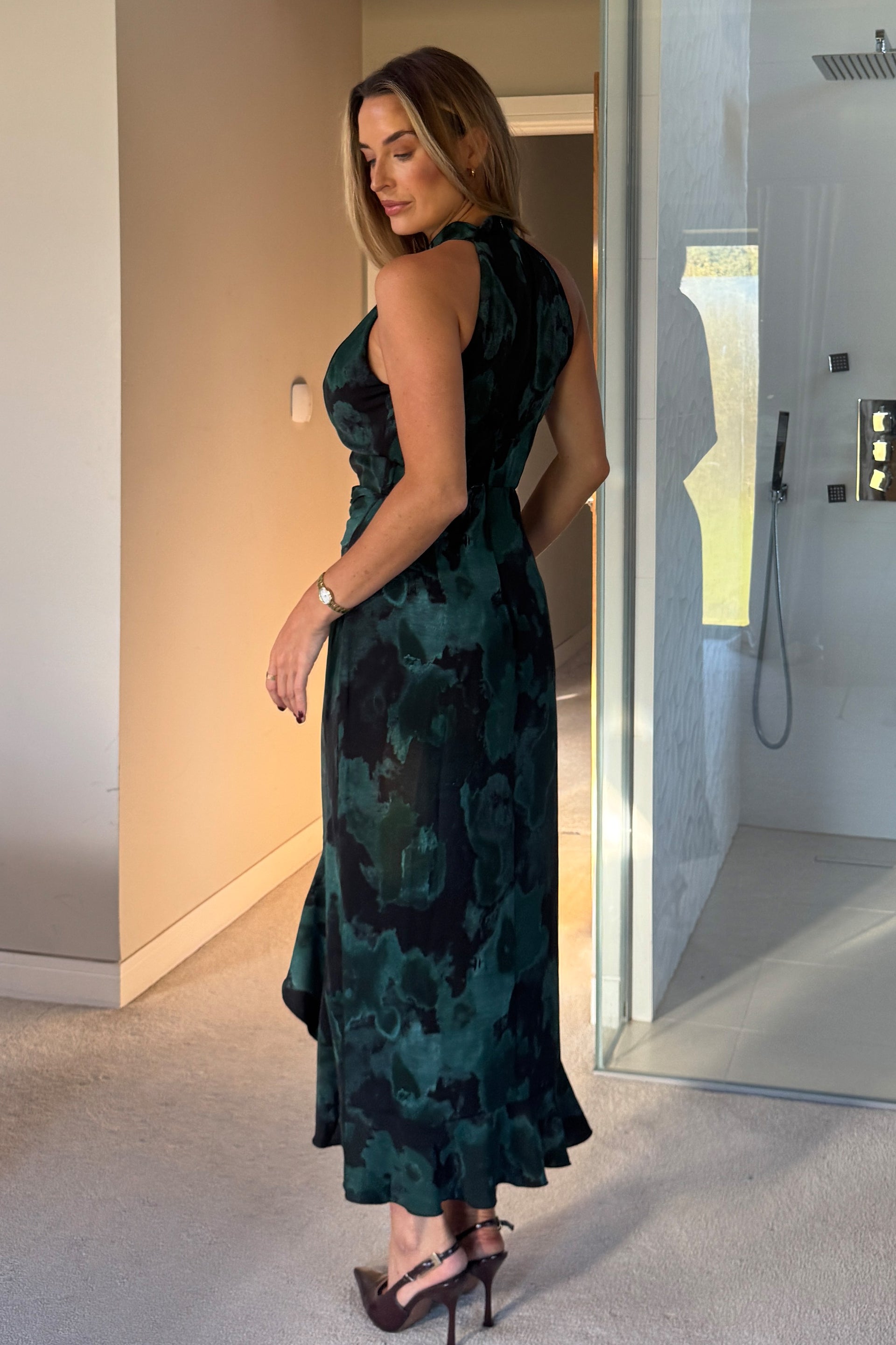 Amani Ruched Halter Neck Midi Dress Green Print Girl In Mind Amani Ruched Halter Neck Midi Dress Green Print Girl In Mind