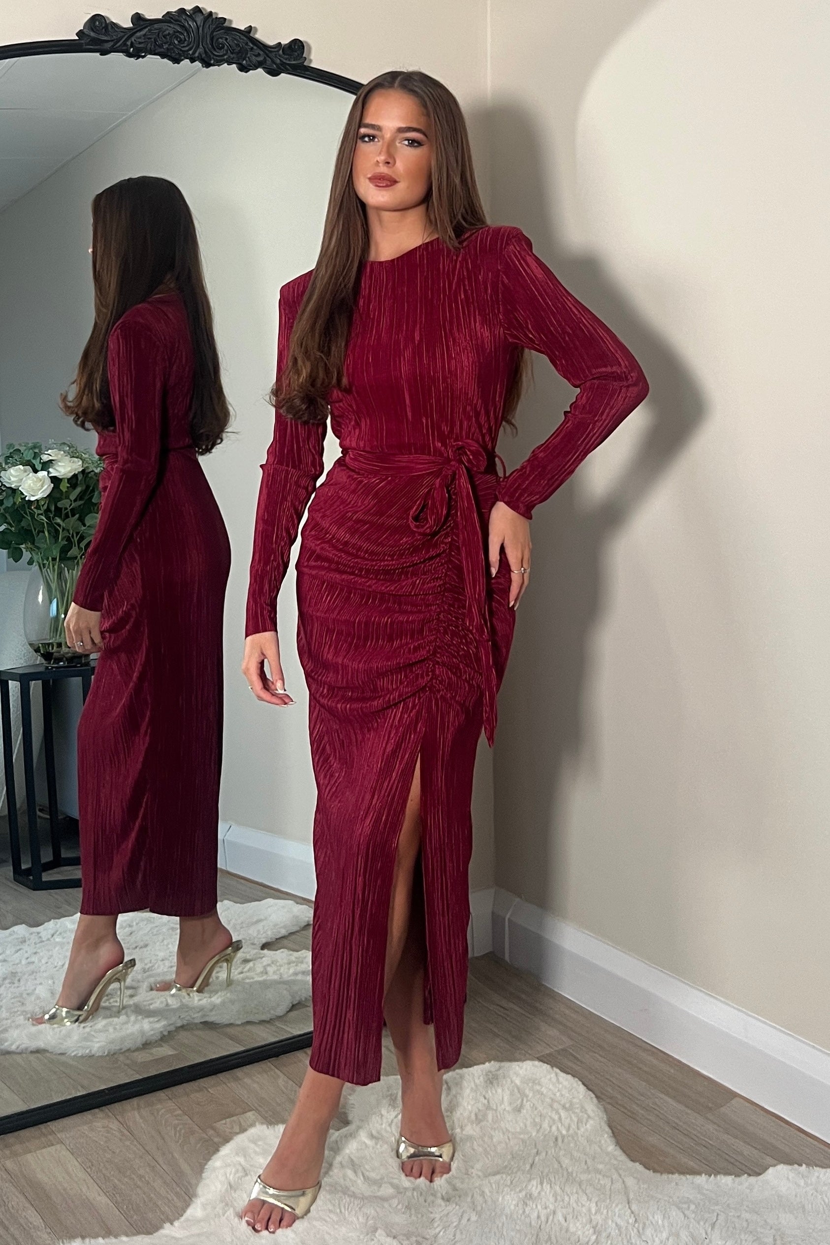 Elena Long Sleeve Ruched Seamed Midi Dress Wine Girl In Mind Elena Long Sleeve Ruched Seamed Midi Dress Wine Girl In Mind