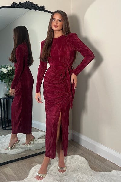 Elena Long Sleeve Ruched Seamed Midi Dress Wine – Girl In Mind