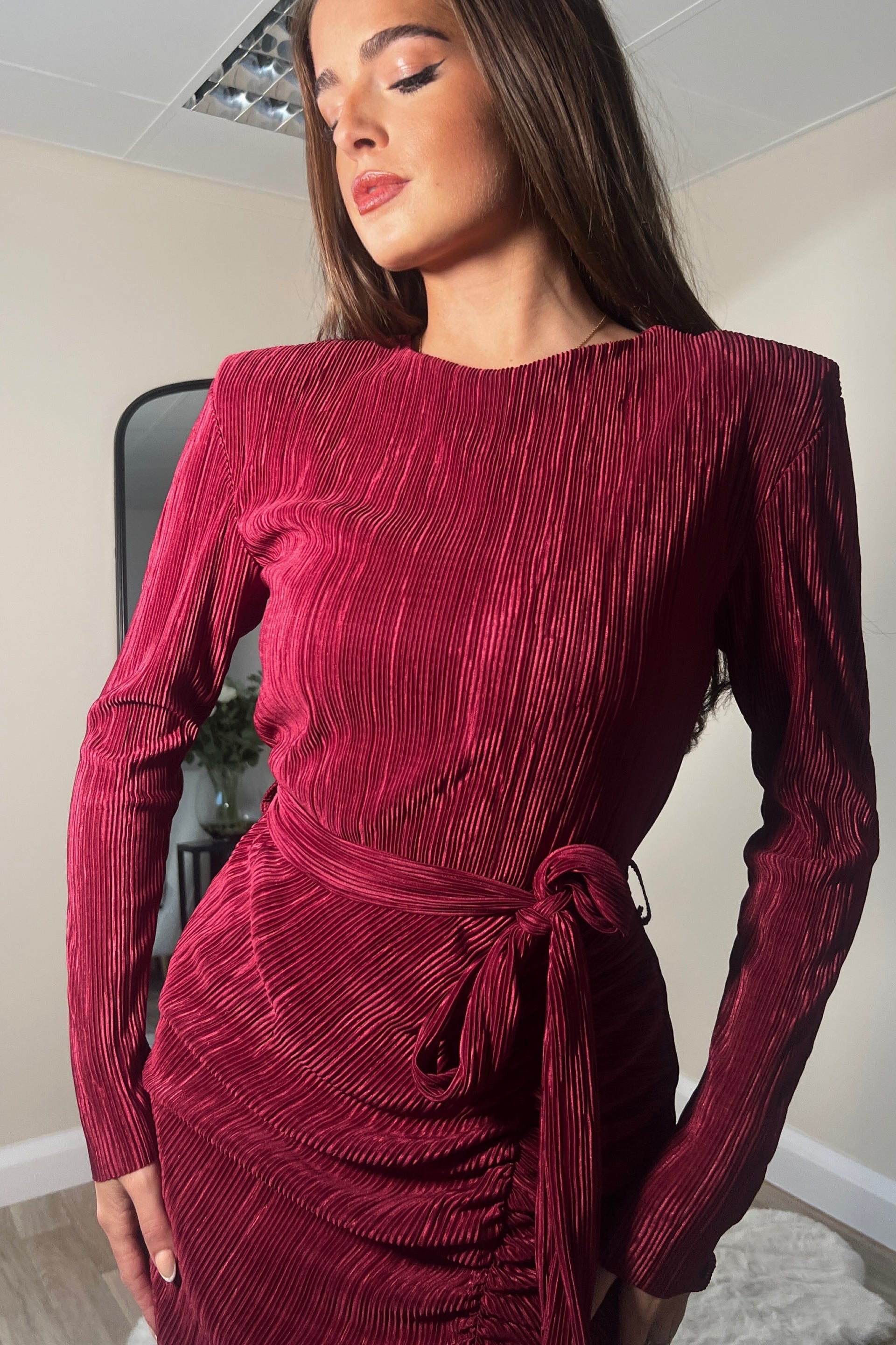 elena long sleeve dress Elena Long Sleeve Ruched Seamed Midi Dress Wine Girl In Mind