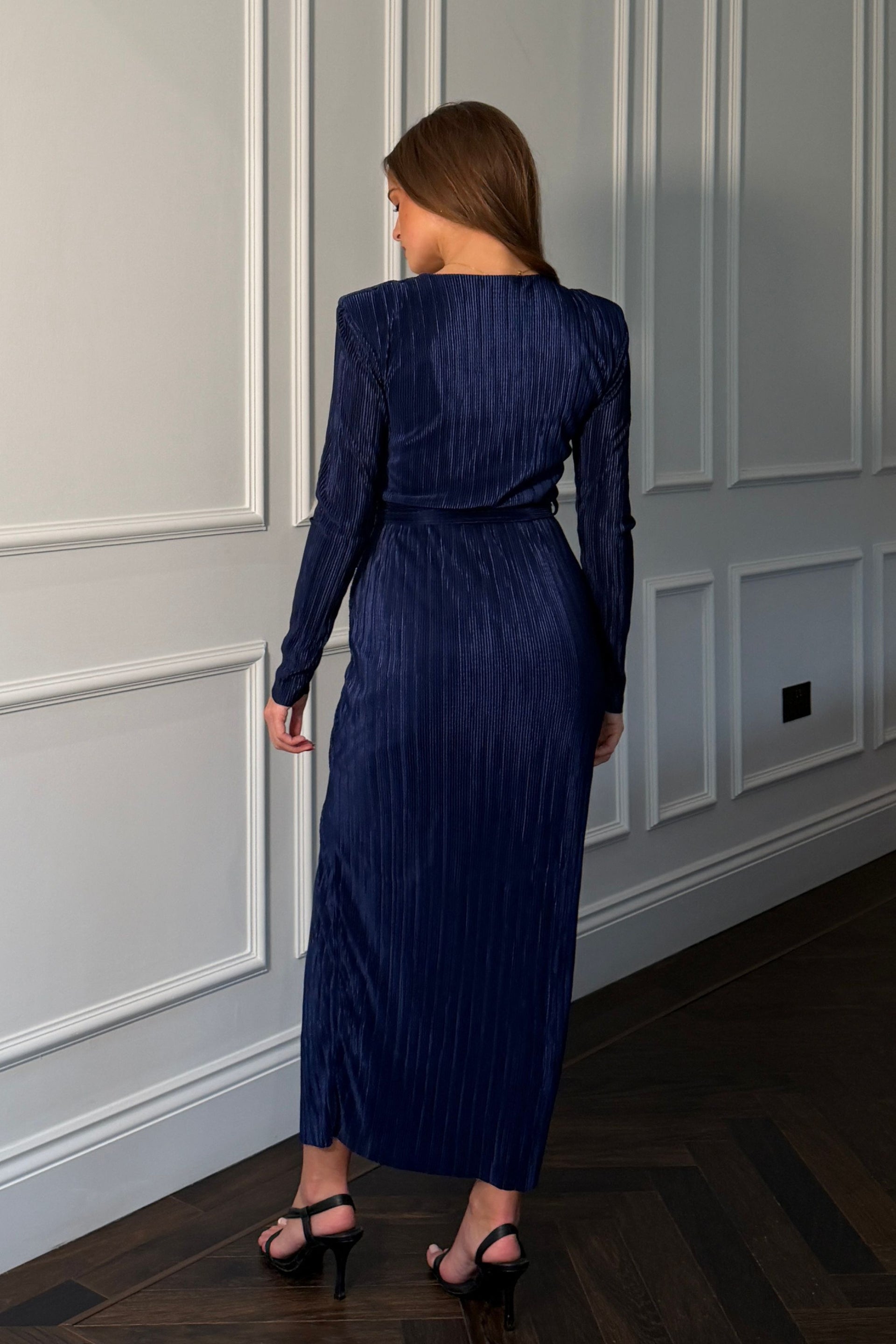 Elena Long Sleeve Ruched Seamed Midi Dress Navy