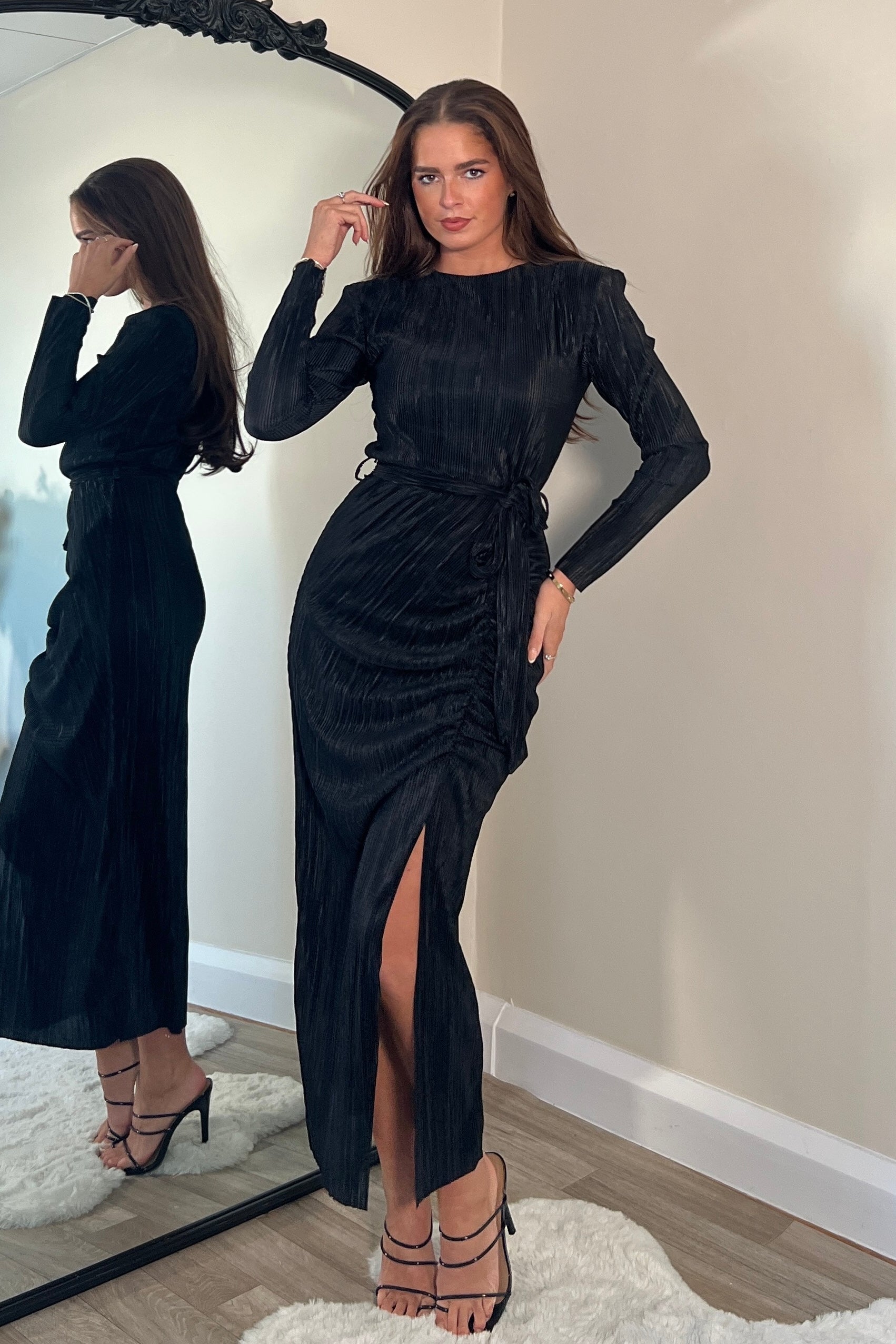 Elena Long Sleeve Ruched Seamed Midi Dress Black Girl In Mind Elena Long Sleeve Ruched Seamed Midi Dress Black Girl In Mind