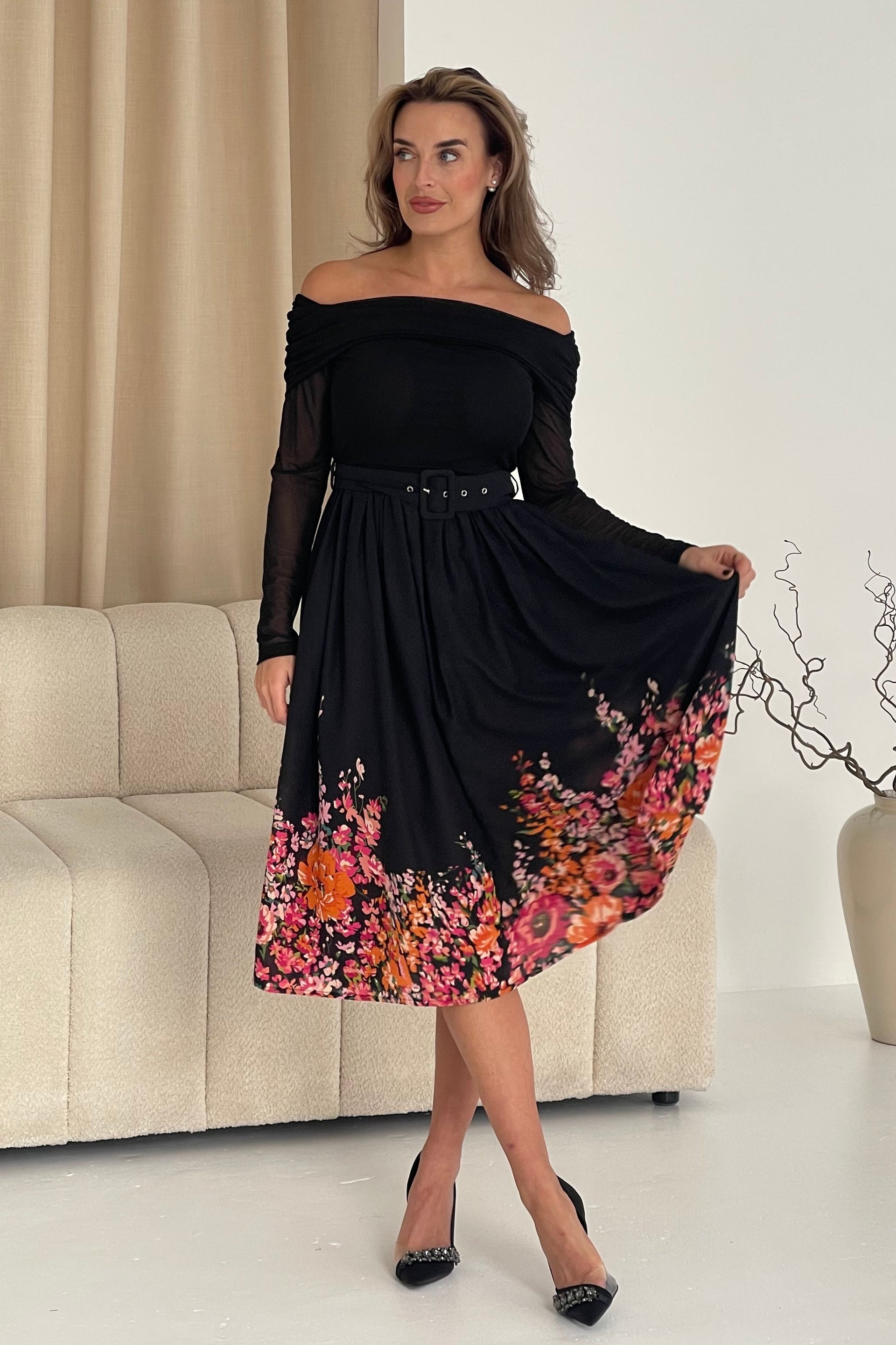 Aster Bardot Floral Border Midi Dress Black Floral Girl In Mind Aster Bardot Floral Border Midi Dress Black Floral Girl In Mind
