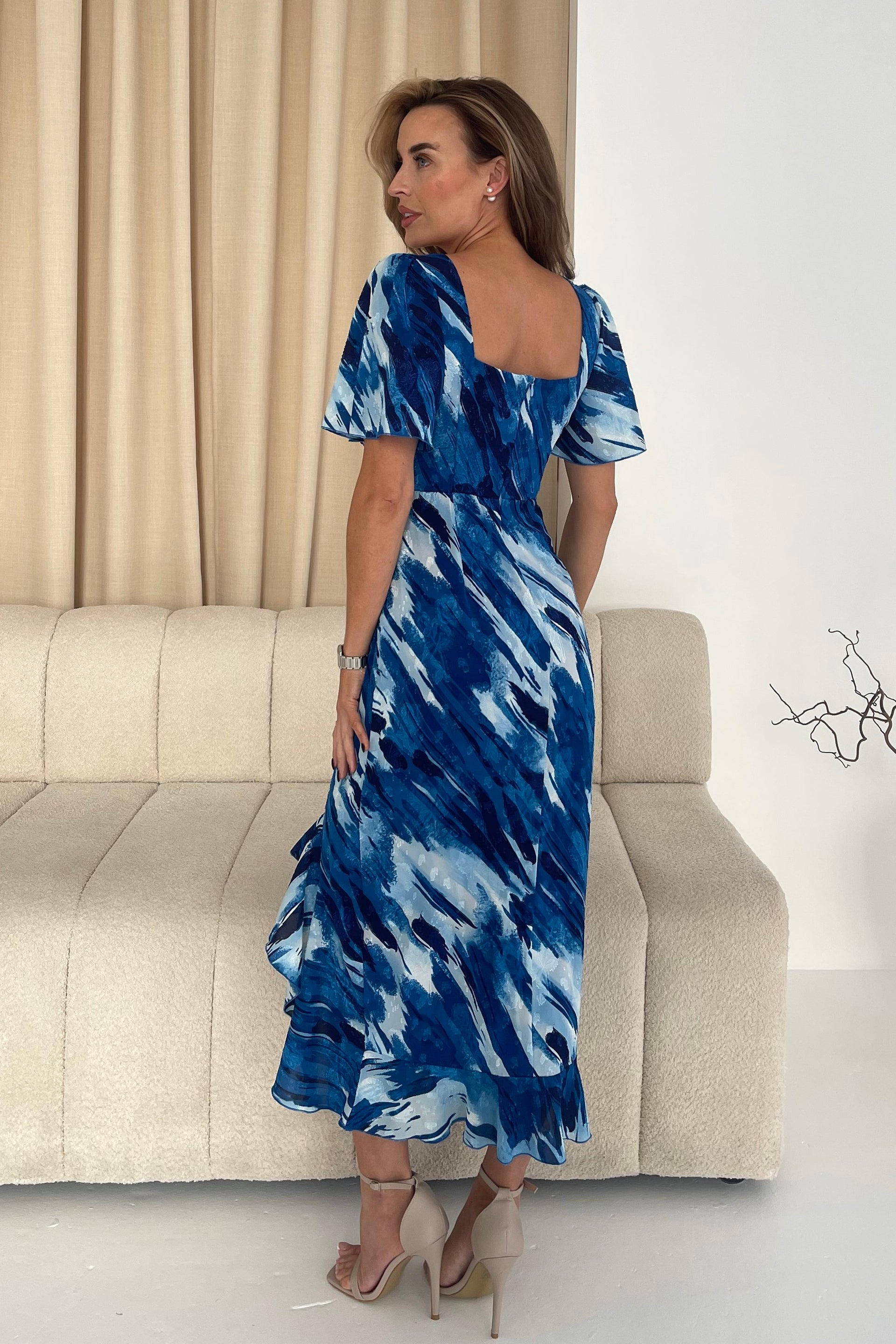 blue abstract dress Blue Abstract Pleated Strapless Maxi Dress | Womens | XXL (Available in XS, S, L, XL) | 100% Polyester