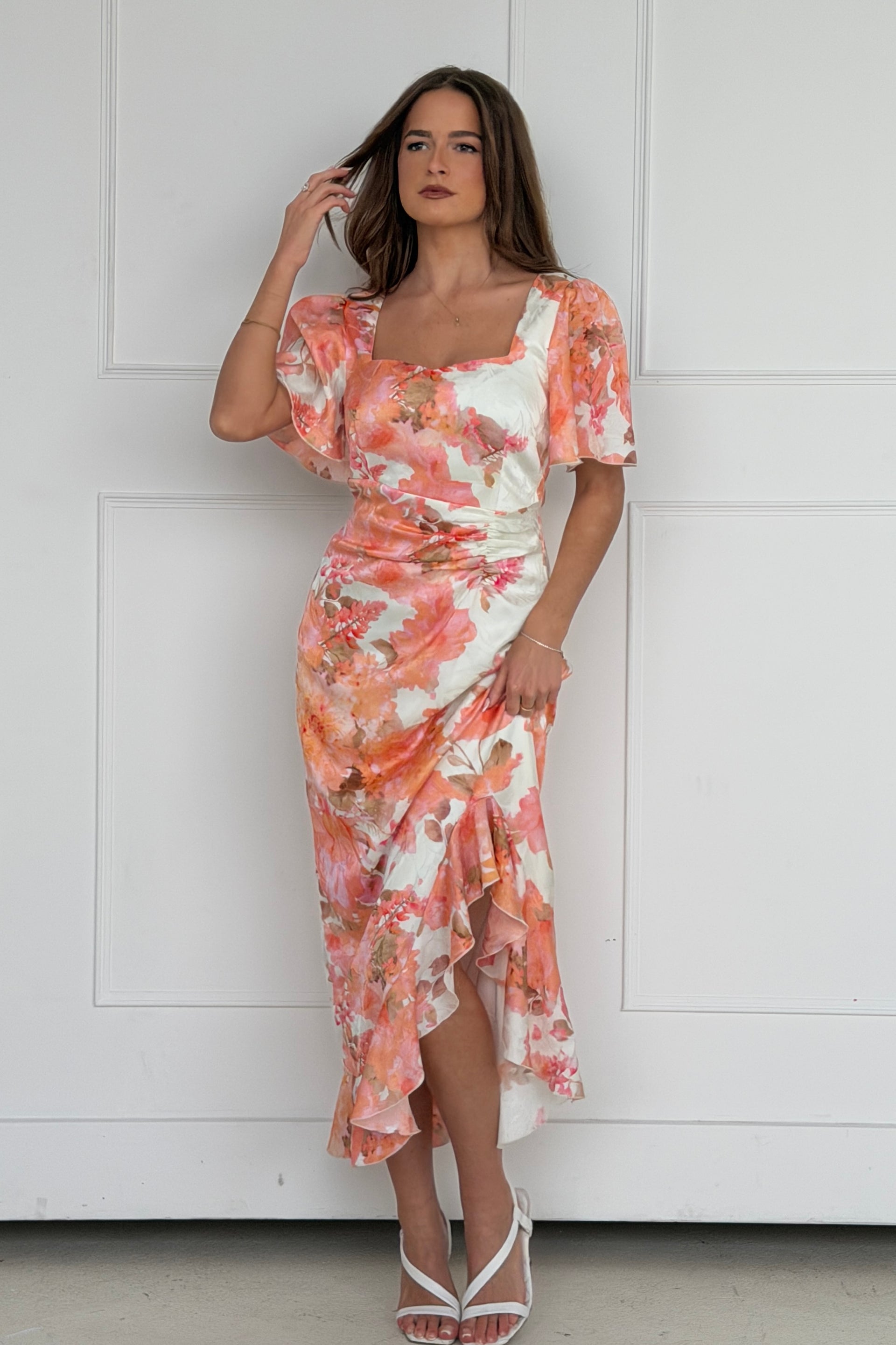 Heidi Floral Print Ruched Midi Dress