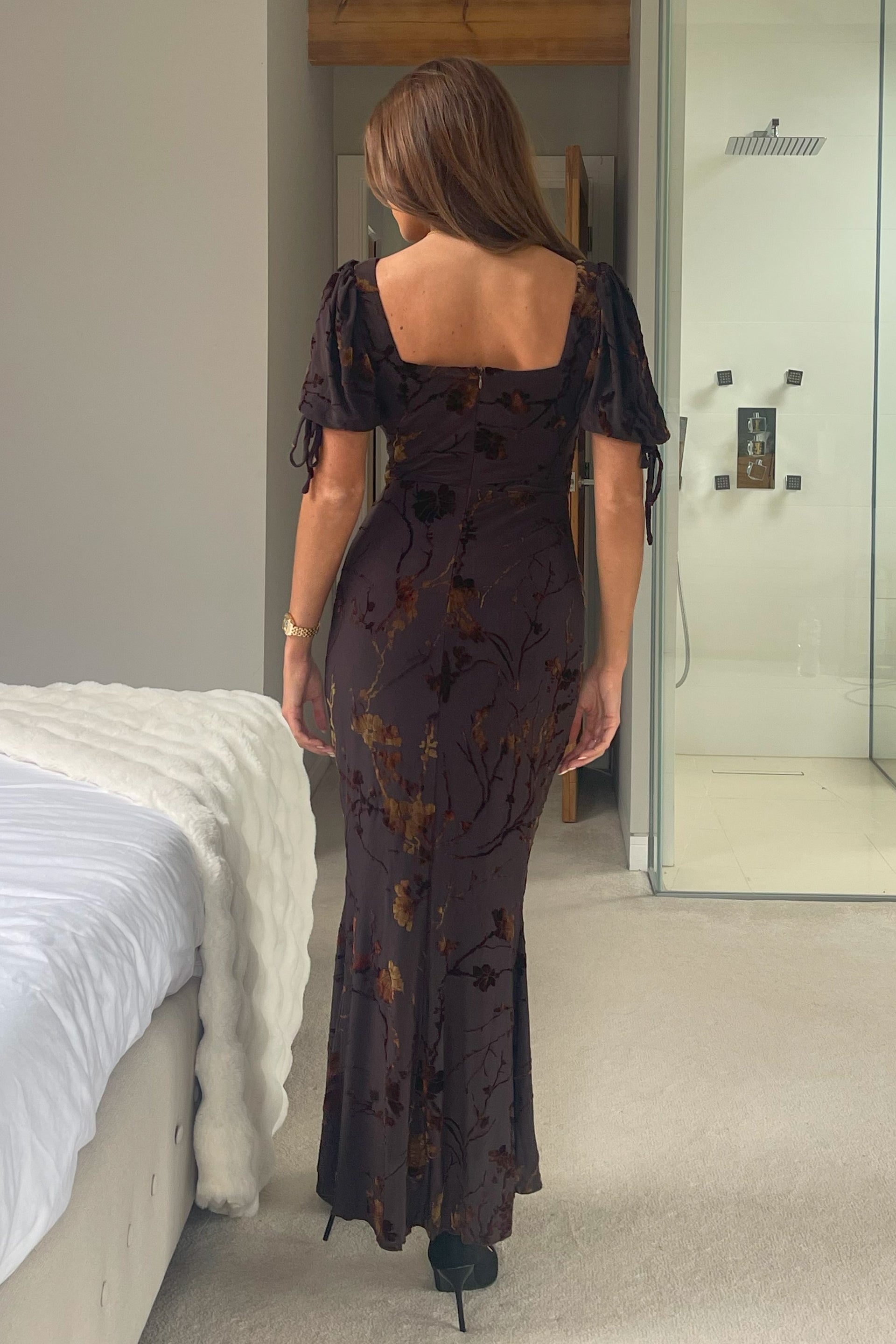 Dove Ruched Detail Midi Dress In Brown Floral – Girl In Mind Dove Ruched Detail Midi Dress In Brown Floral – Girl In Mind