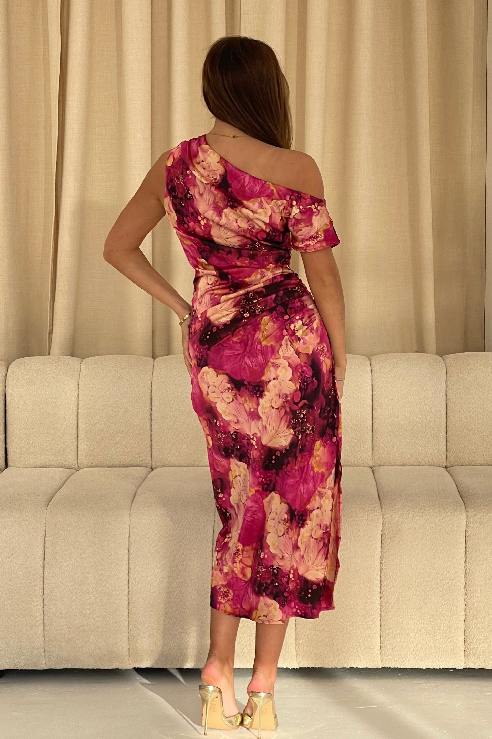 Donna Asymmetric Neckline Pink Print Midi Dress Girl In Mind Donna Asymmetric Neckline Pink Print Midi Dress Girl In Mind