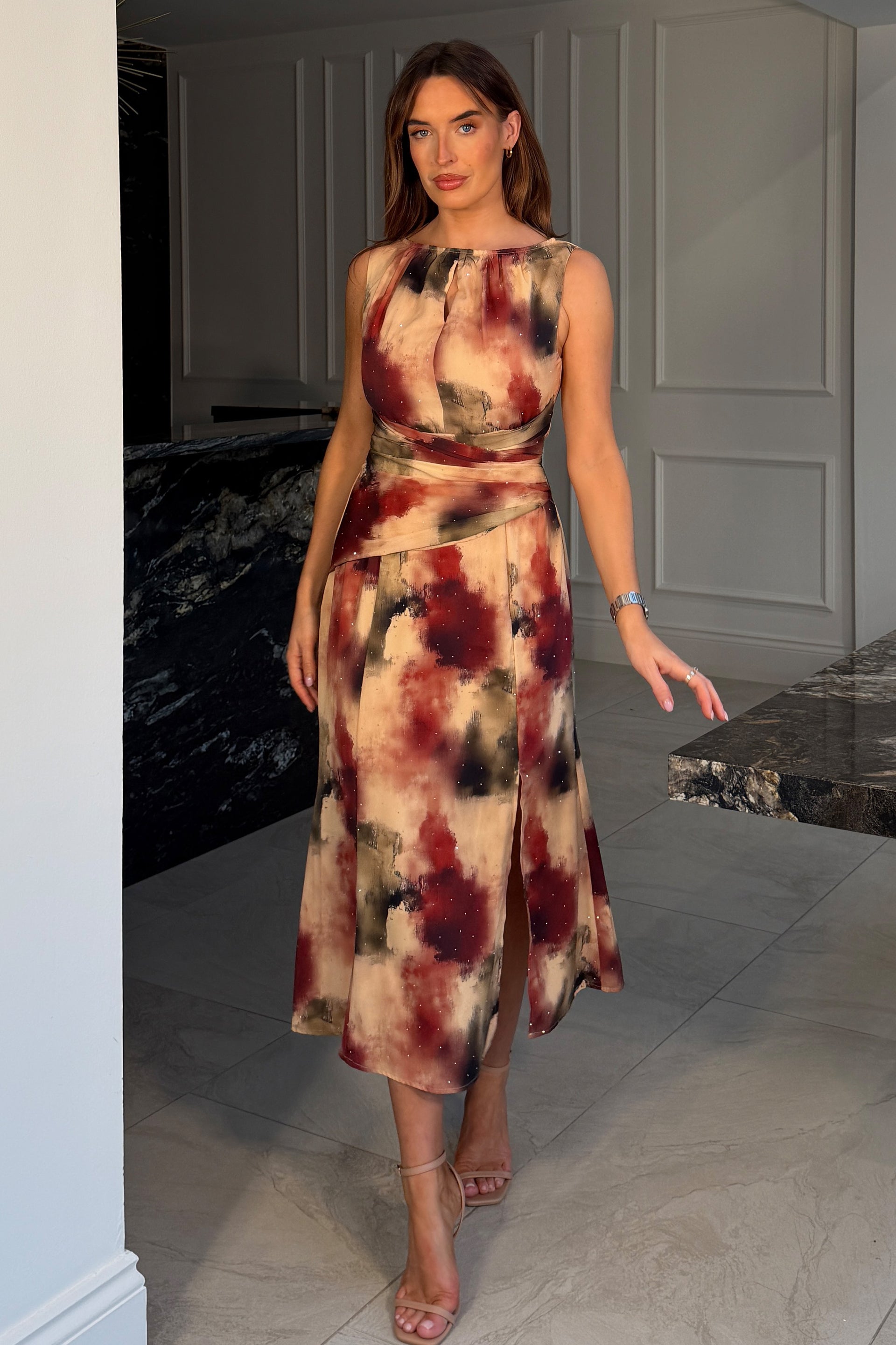 Bay Boat Neck Keyhole Detail Midi Dress Brown Abstract – Girl In Mind