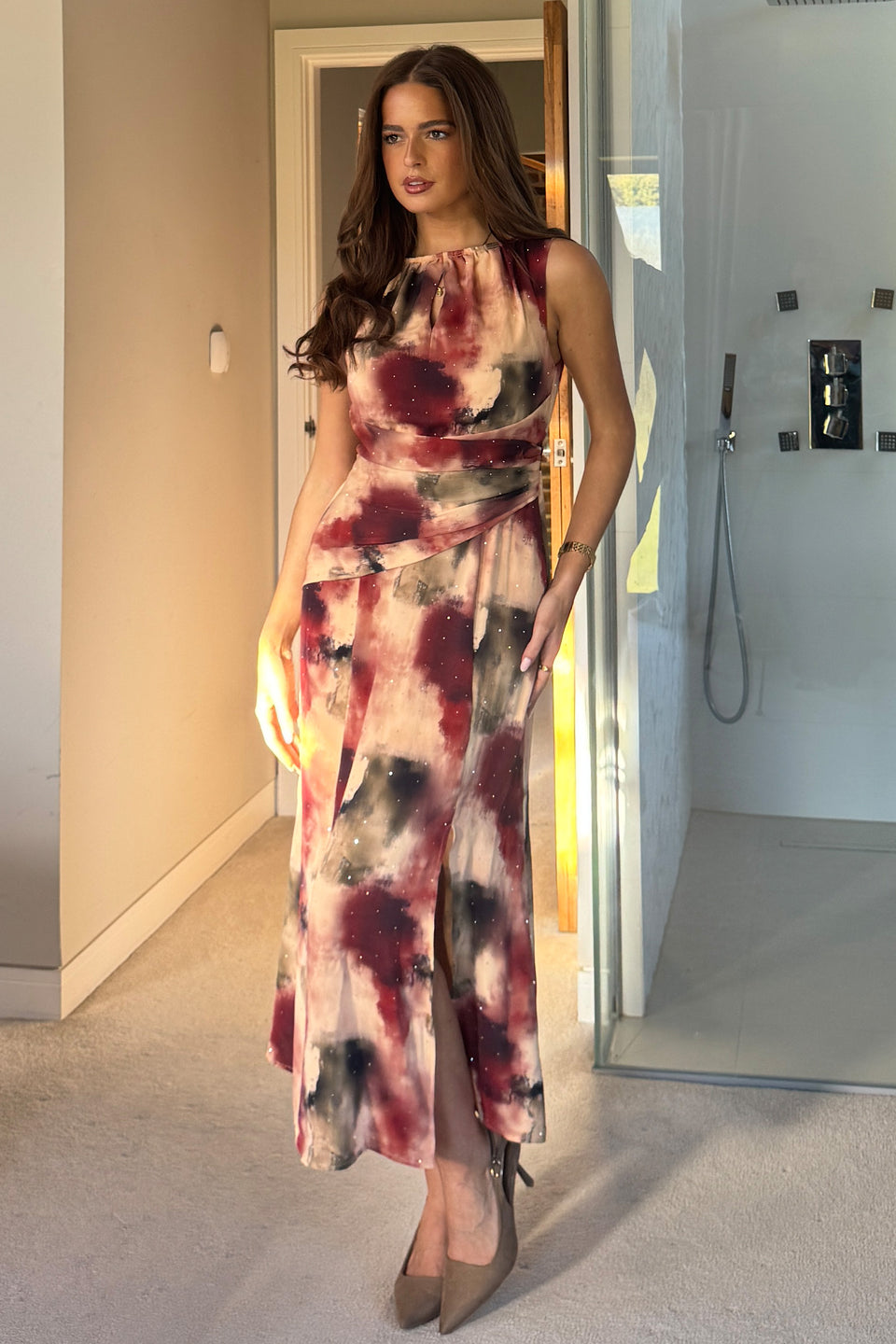 Bay Boat Neck Keyhole Detail Midi Dress Brown Abstract