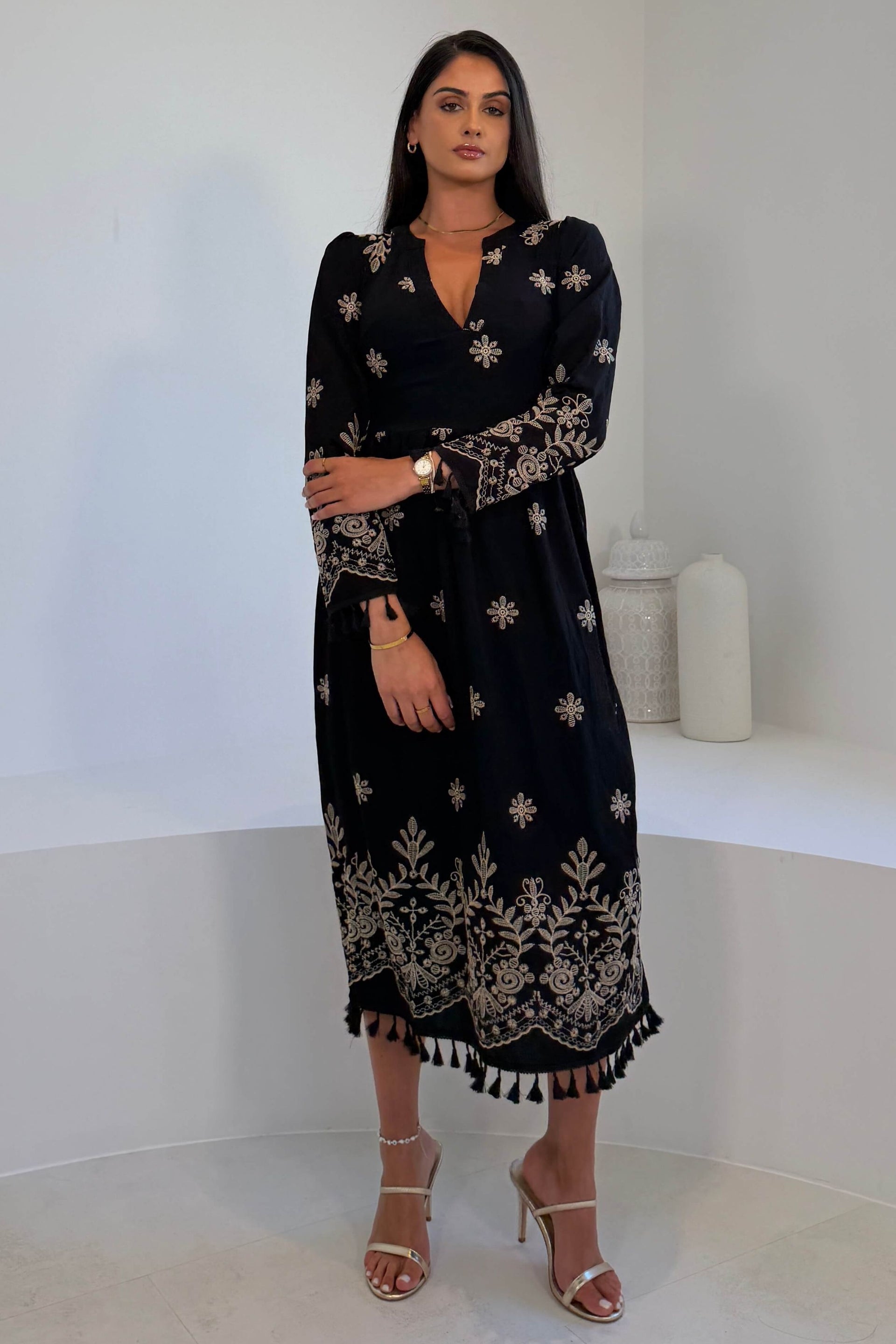 black maxi dress with embroidery Black Embroidered Maxi Dress: Sleeveless Bohemian Summer Dress